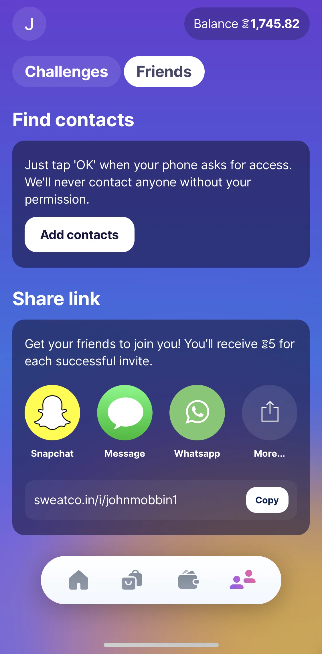 Sweatcoin Screen screen in the Adding contacts flow