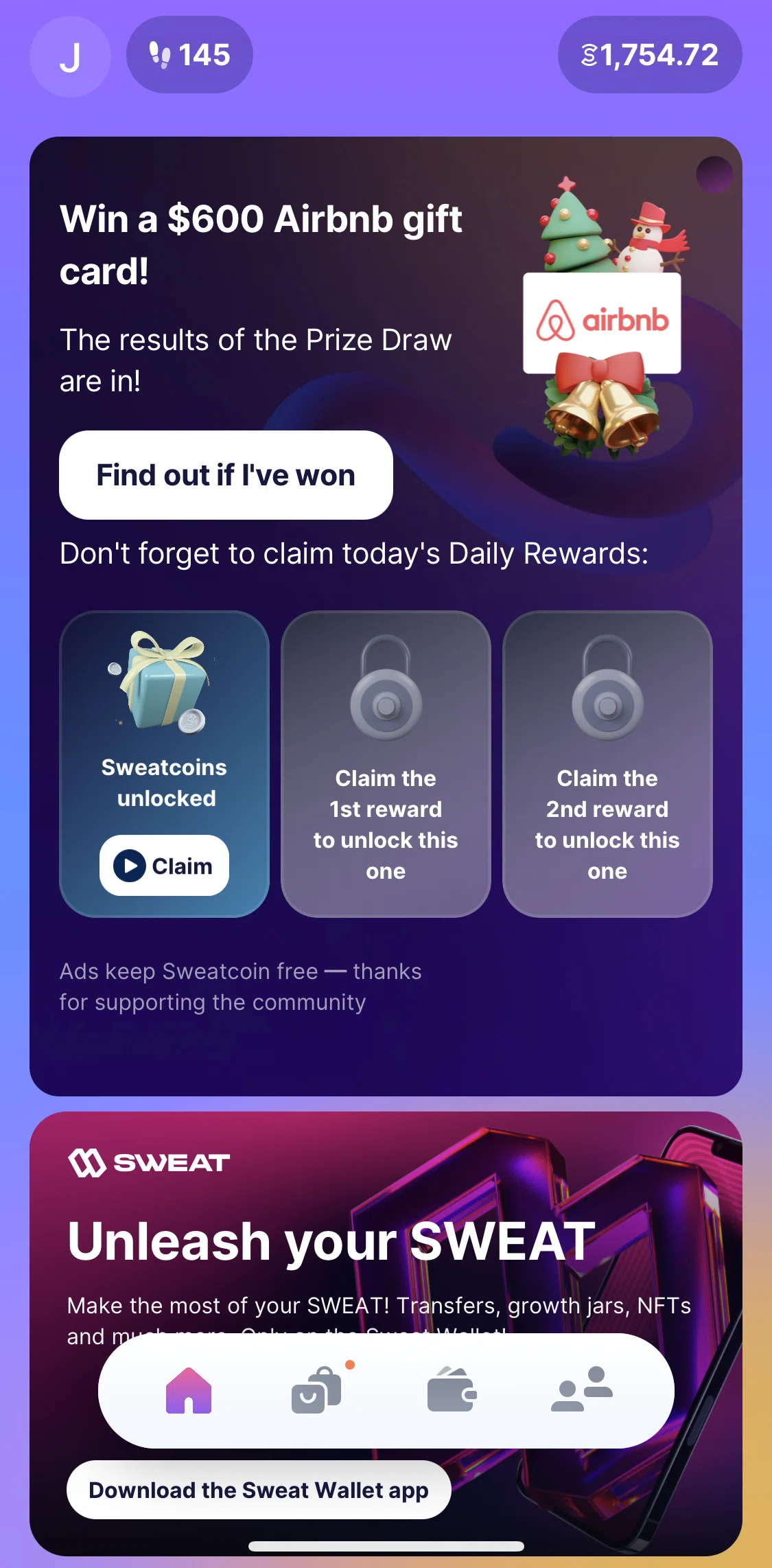 Sweatcoin Screen screen in the Claiming daily reward flow