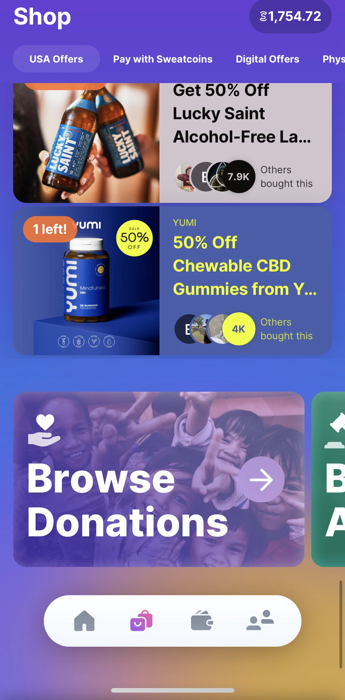 Sweatcoin Screen screen in the Donate flow