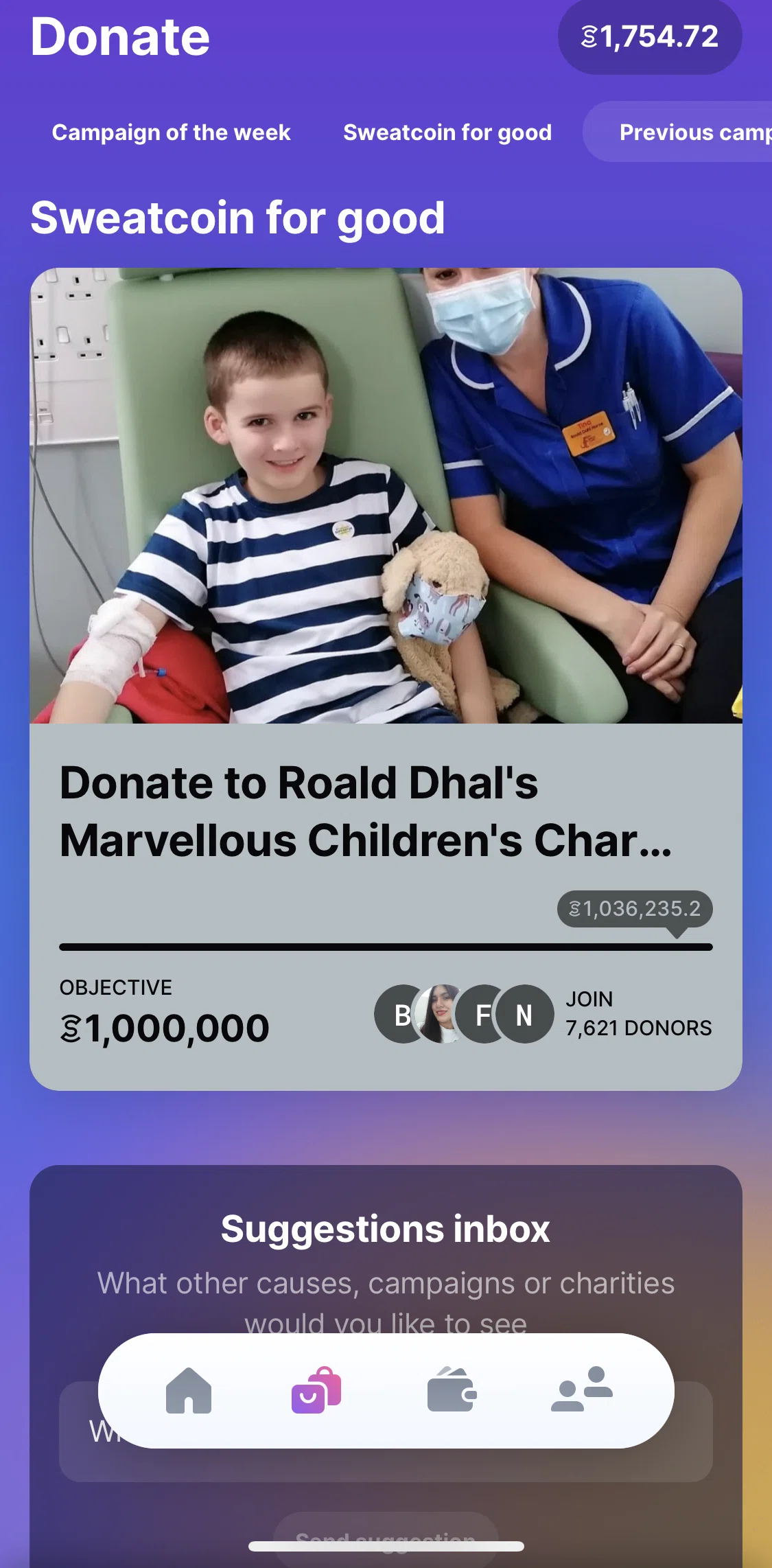 Sweatcoin Screen screen in the Donating to a cause flow