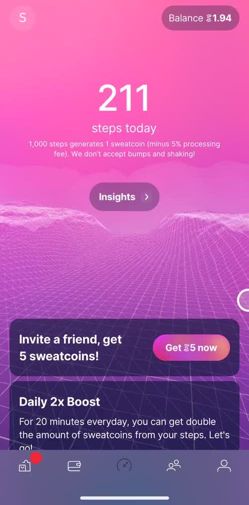 Sweatcoin Dashboard screen in the General Browsing flow
