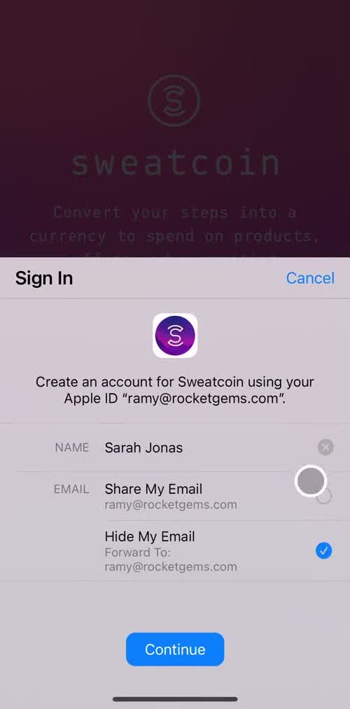 Sweatcoin Sign up screen in the Onboarding flow