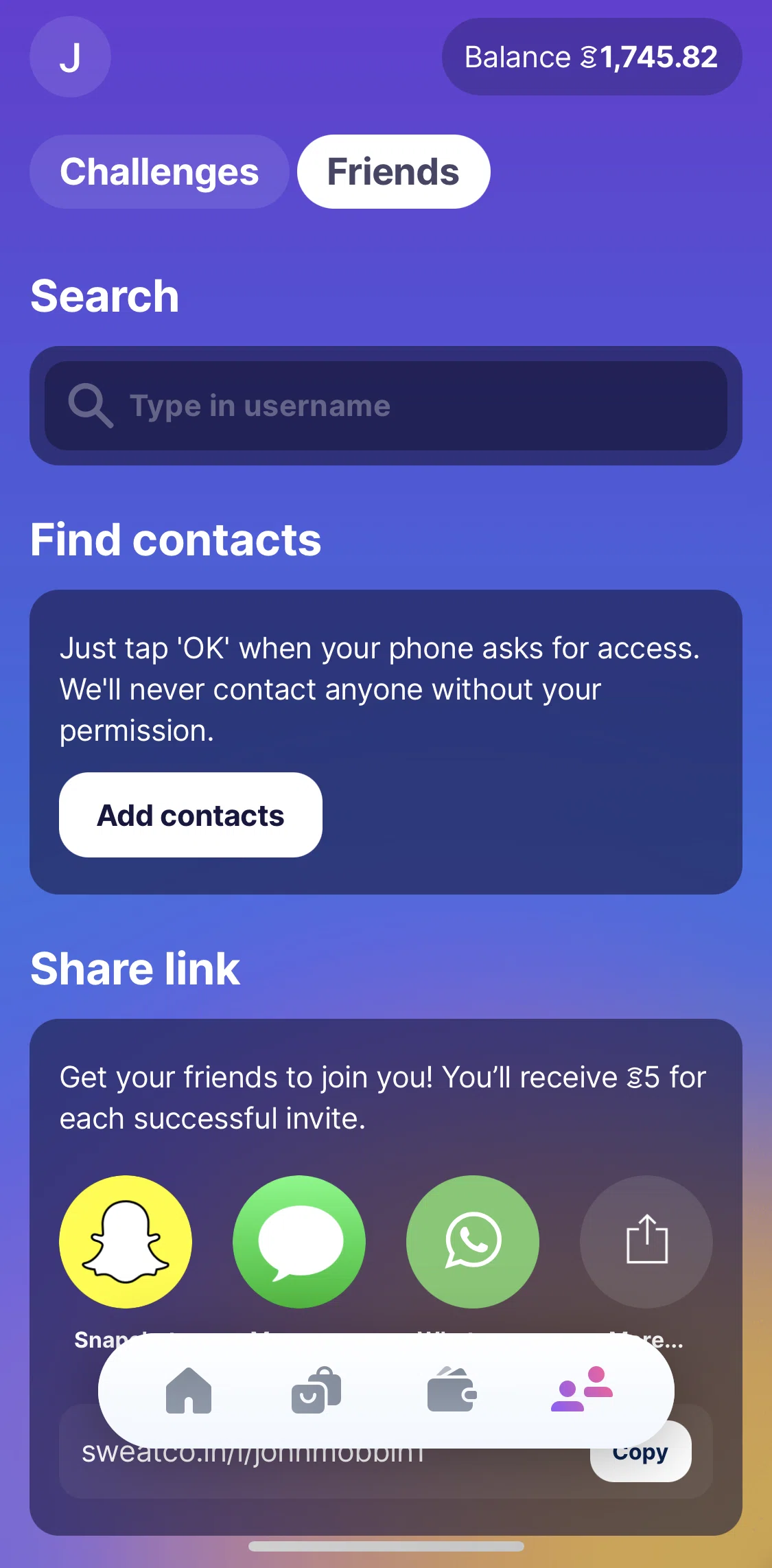 Sweatcoin Screen screen in the Searching for & following contact flow