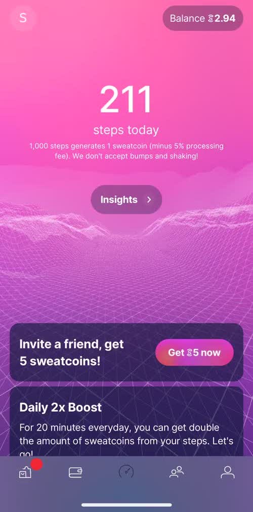Sweatcoin Dashboard screen in the Sending Currency flow