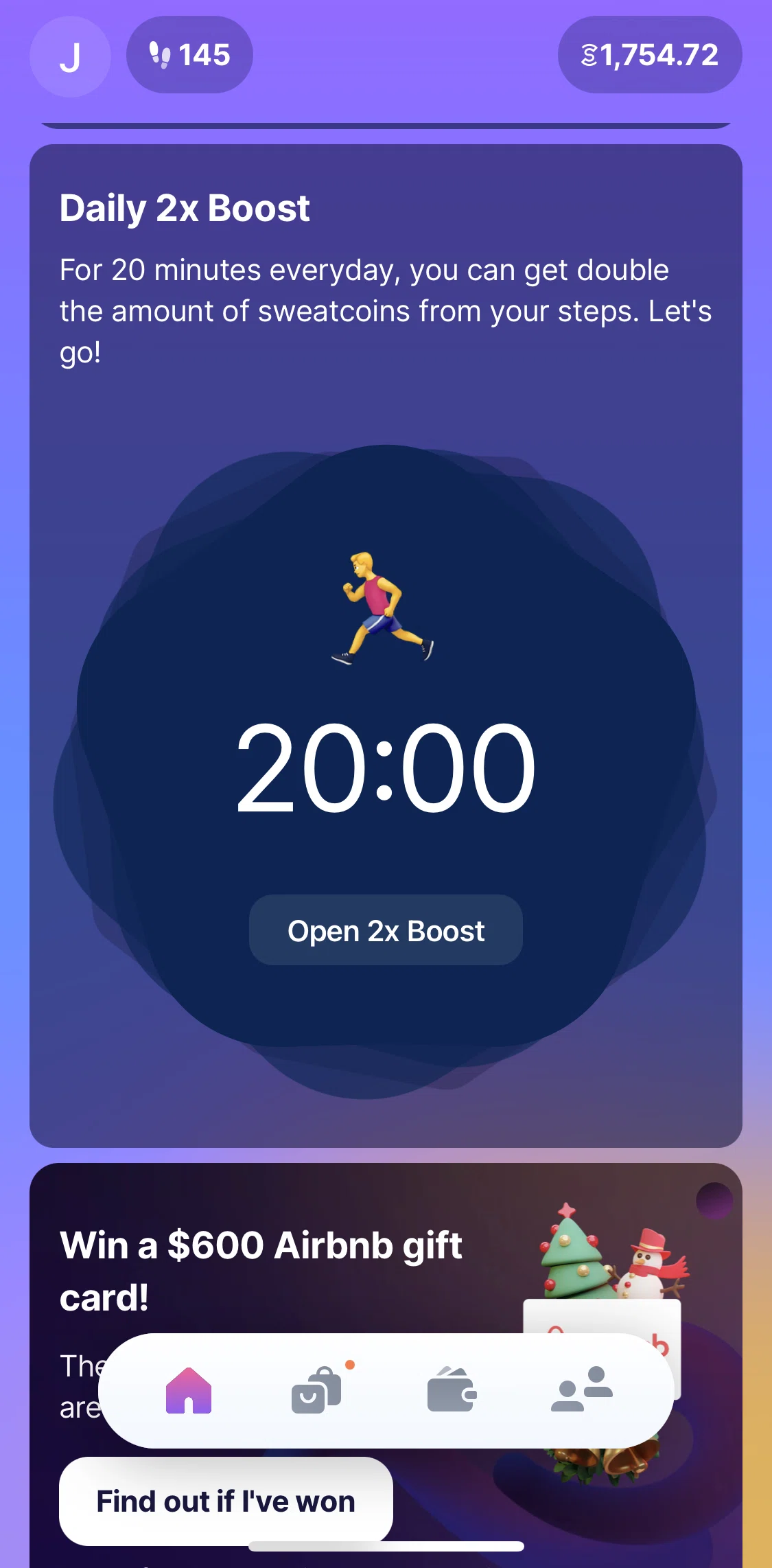 Sweatcoin Screen screen in the Starting 2x boost flow