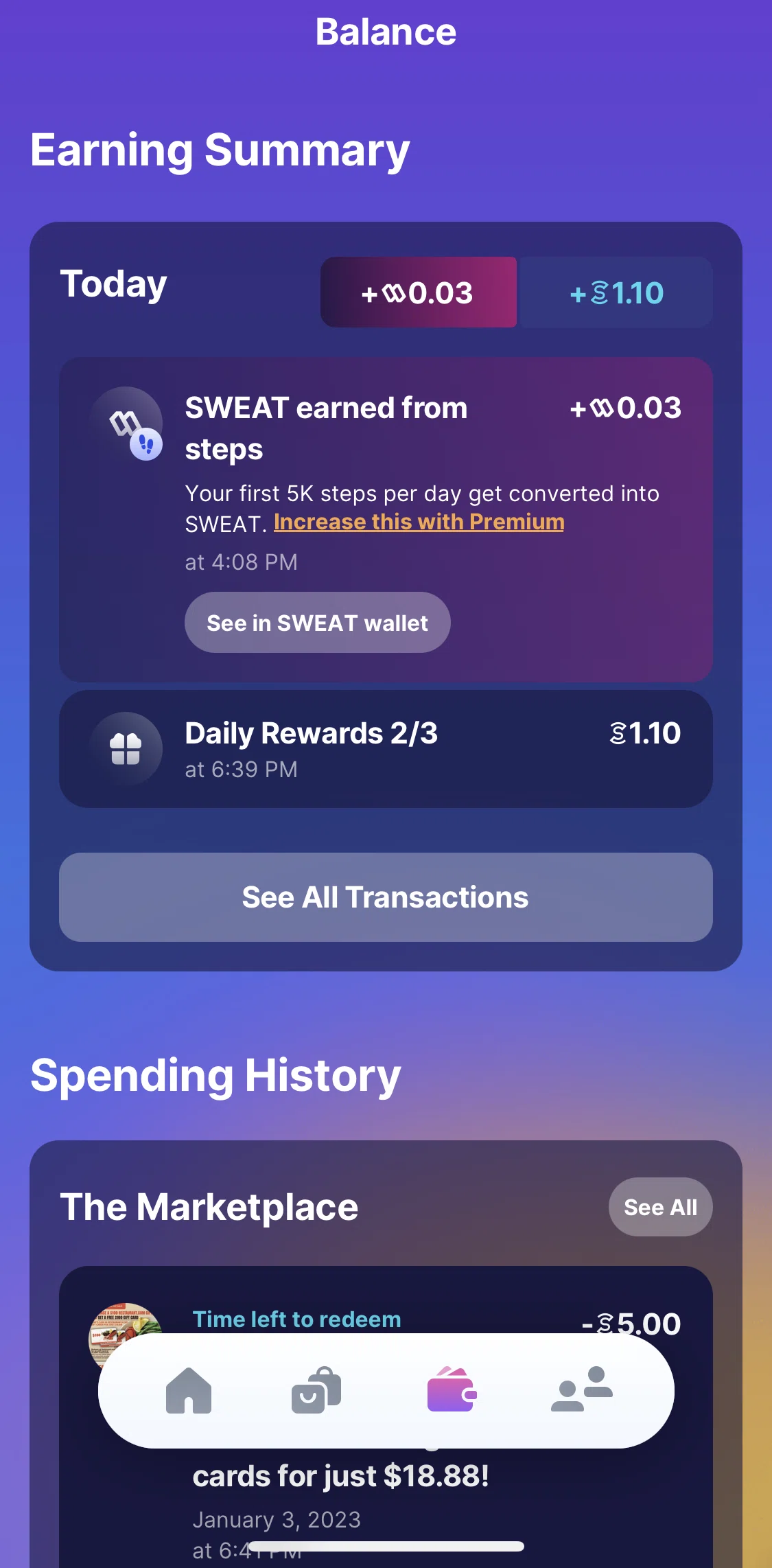 Sweatcoin Screen screen in the Transactions history flow