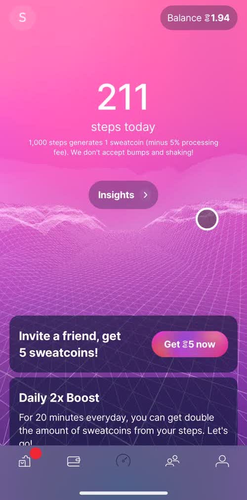 Sweatcoin Dashboard screen in the Upgrading Your Account flow