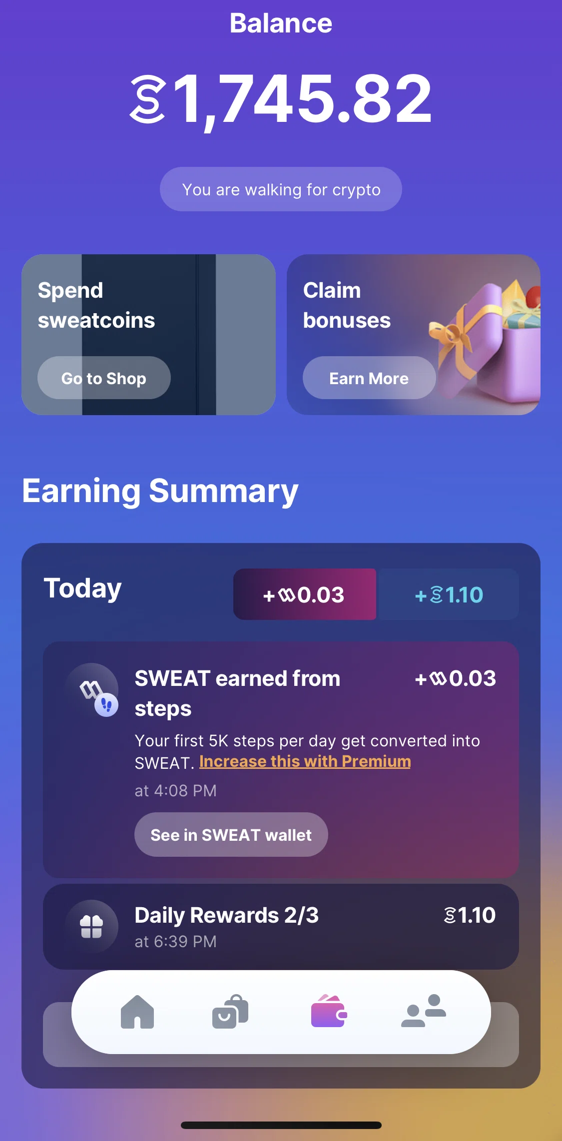 Sweatcoin Screen screen in the Wallet flow