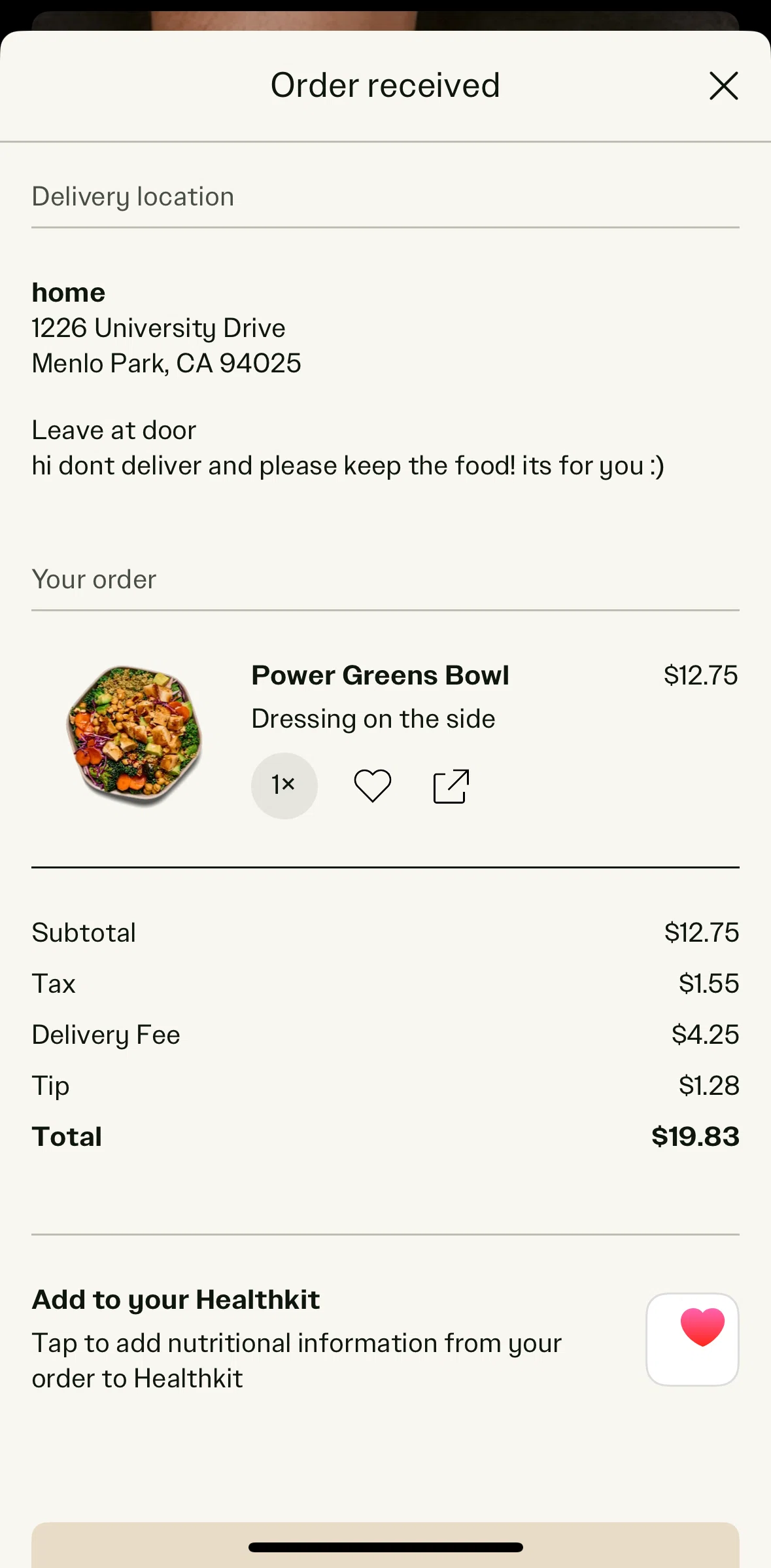 sweetgreen Screen screen in the Adding an item to favorites flow