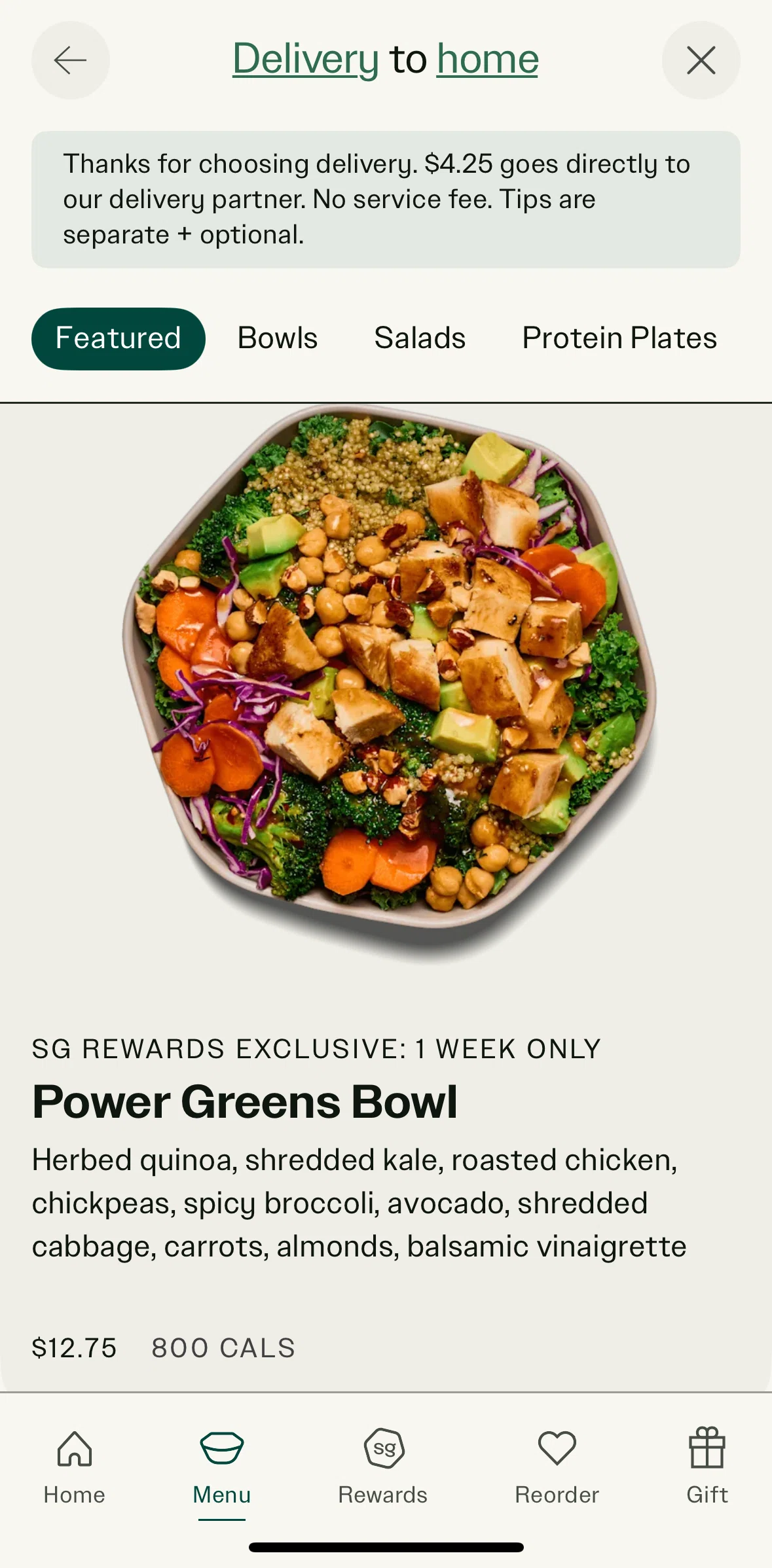 sweetgreen Screen screen in the Adding to bag flow