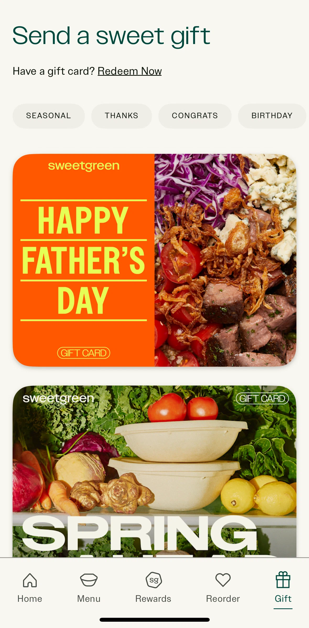 sweetgreen Screen screen in the Buy a gift card flow
