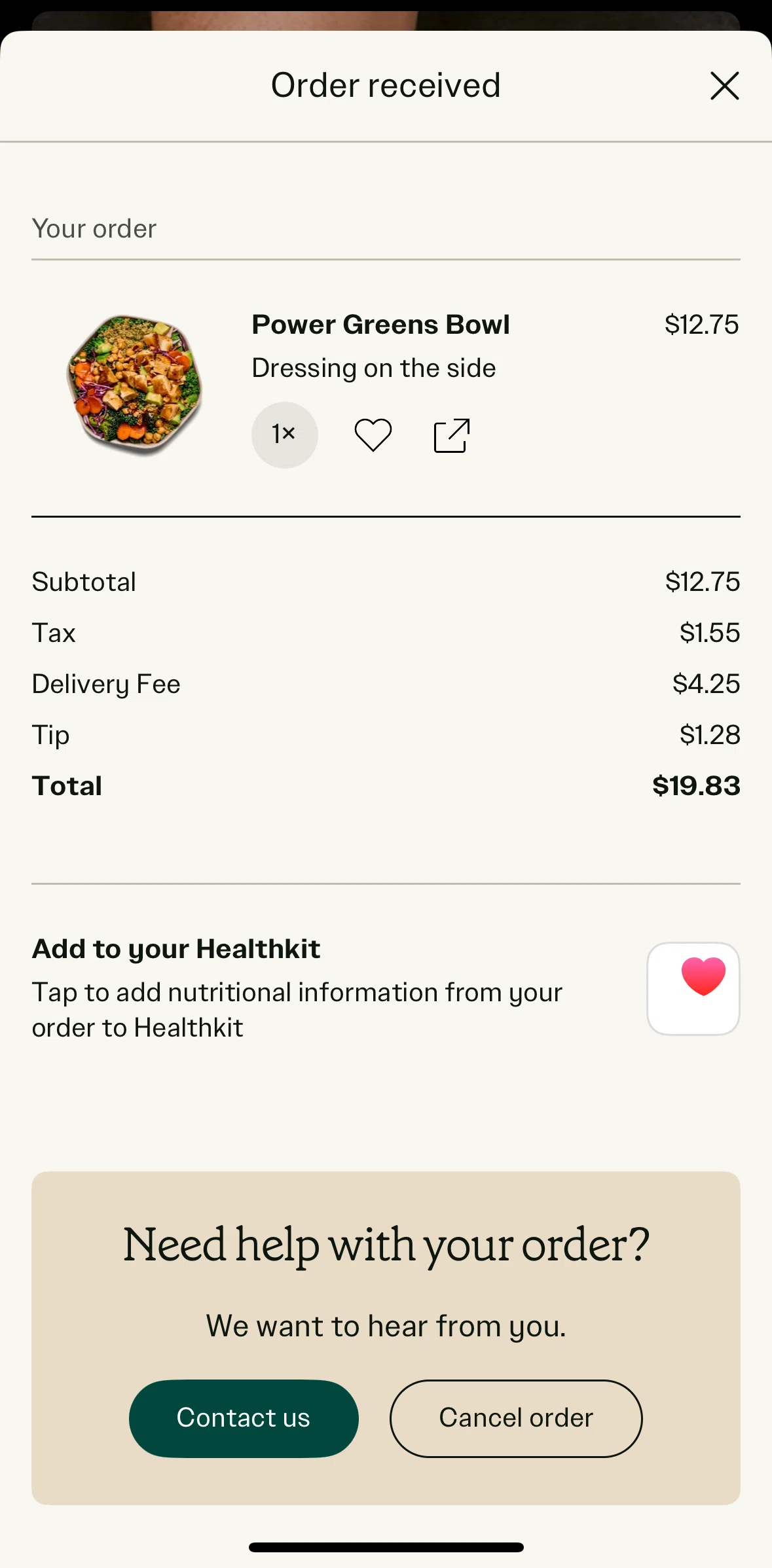 sweetgreen Screen screen in the Canceling an order flow