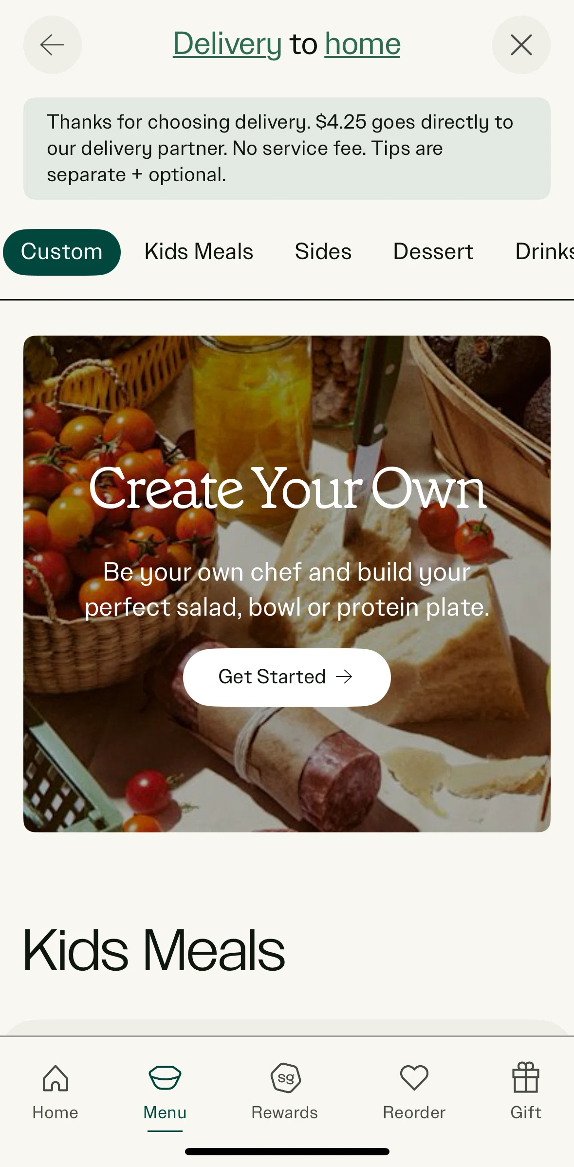 sweetgreen Screen screen in the Customizing a meal flow