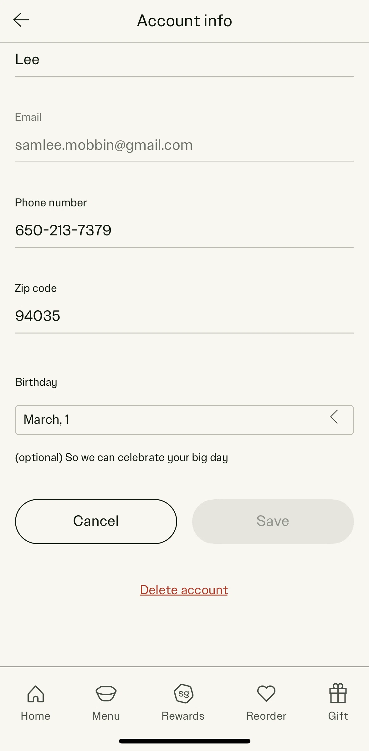 sweetgreen Screen screen in the Deleting an account flow