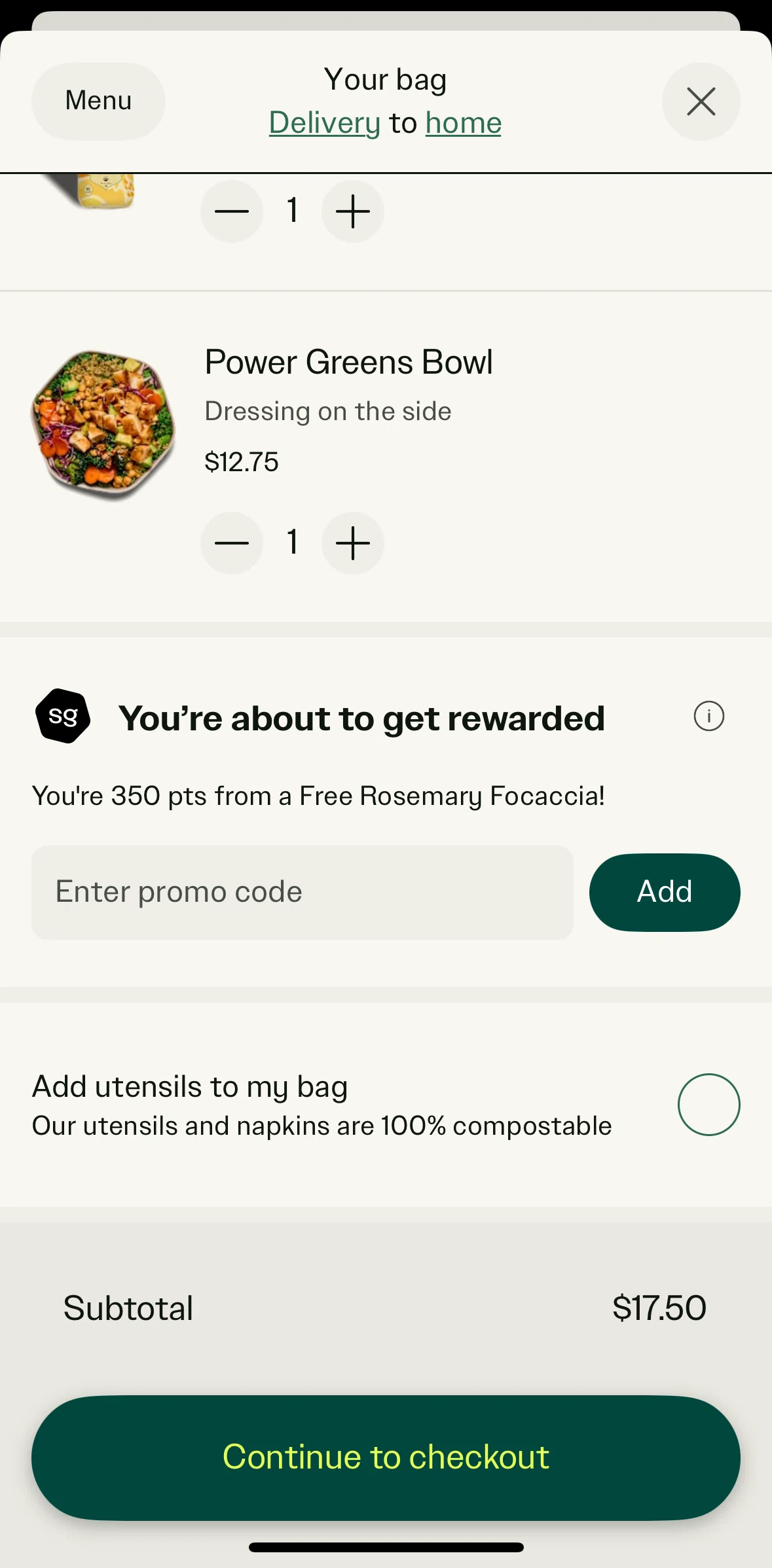 sweetgreen Screen screen in the Placing a delivery order flow