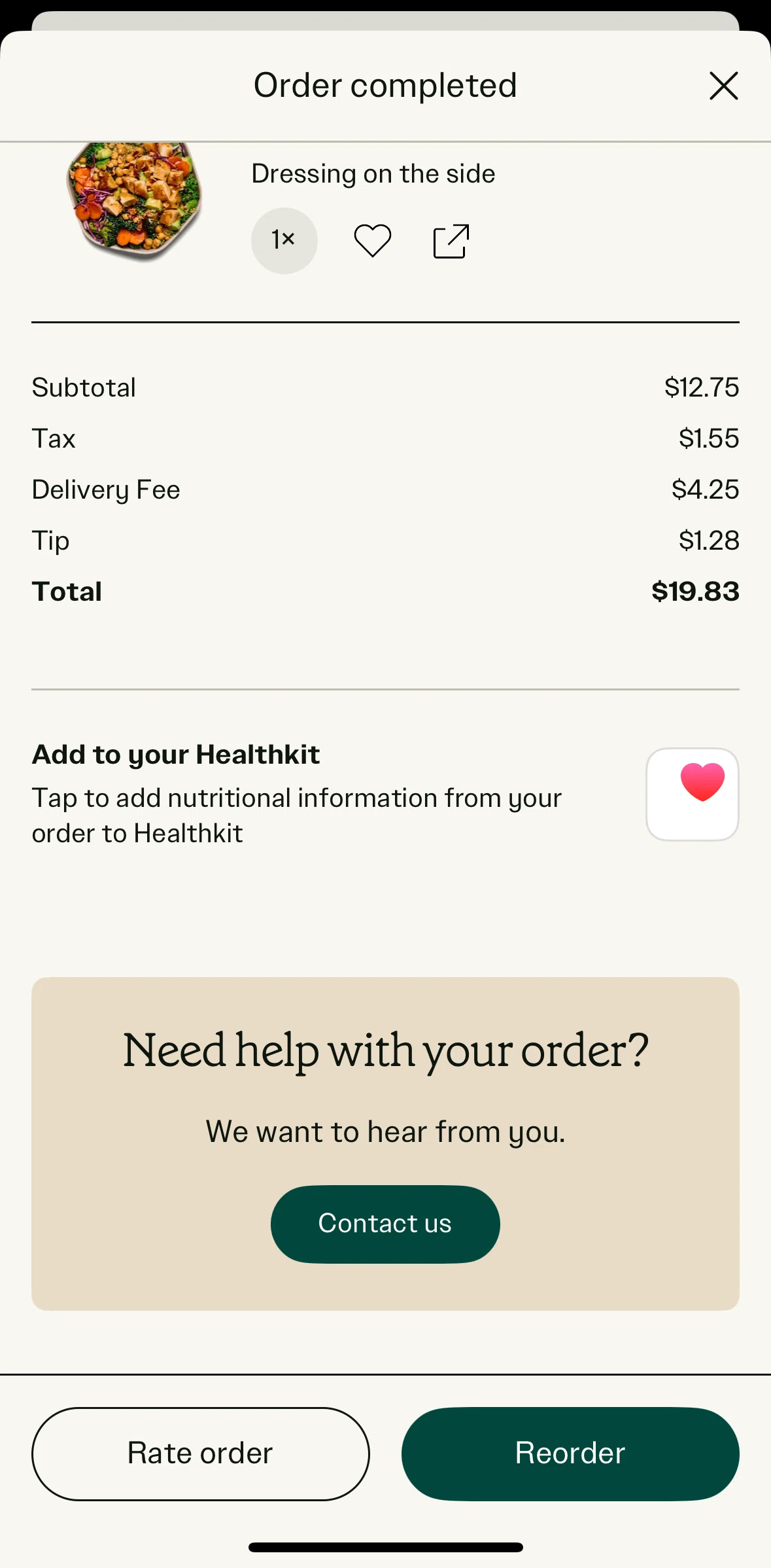 sweetgreen Screen screen in the Rating an order flow