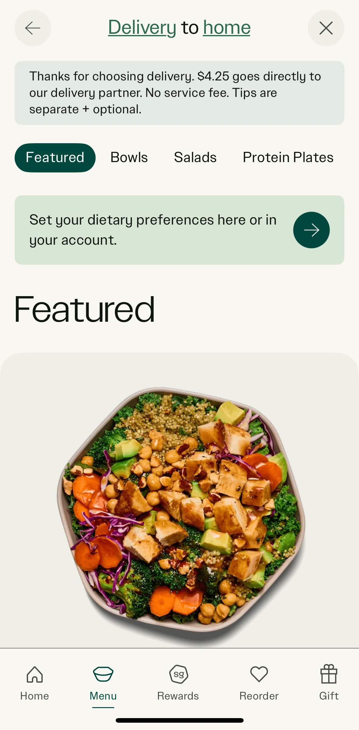 sweetgreen Screen screen in the Setting dietary preferences flow