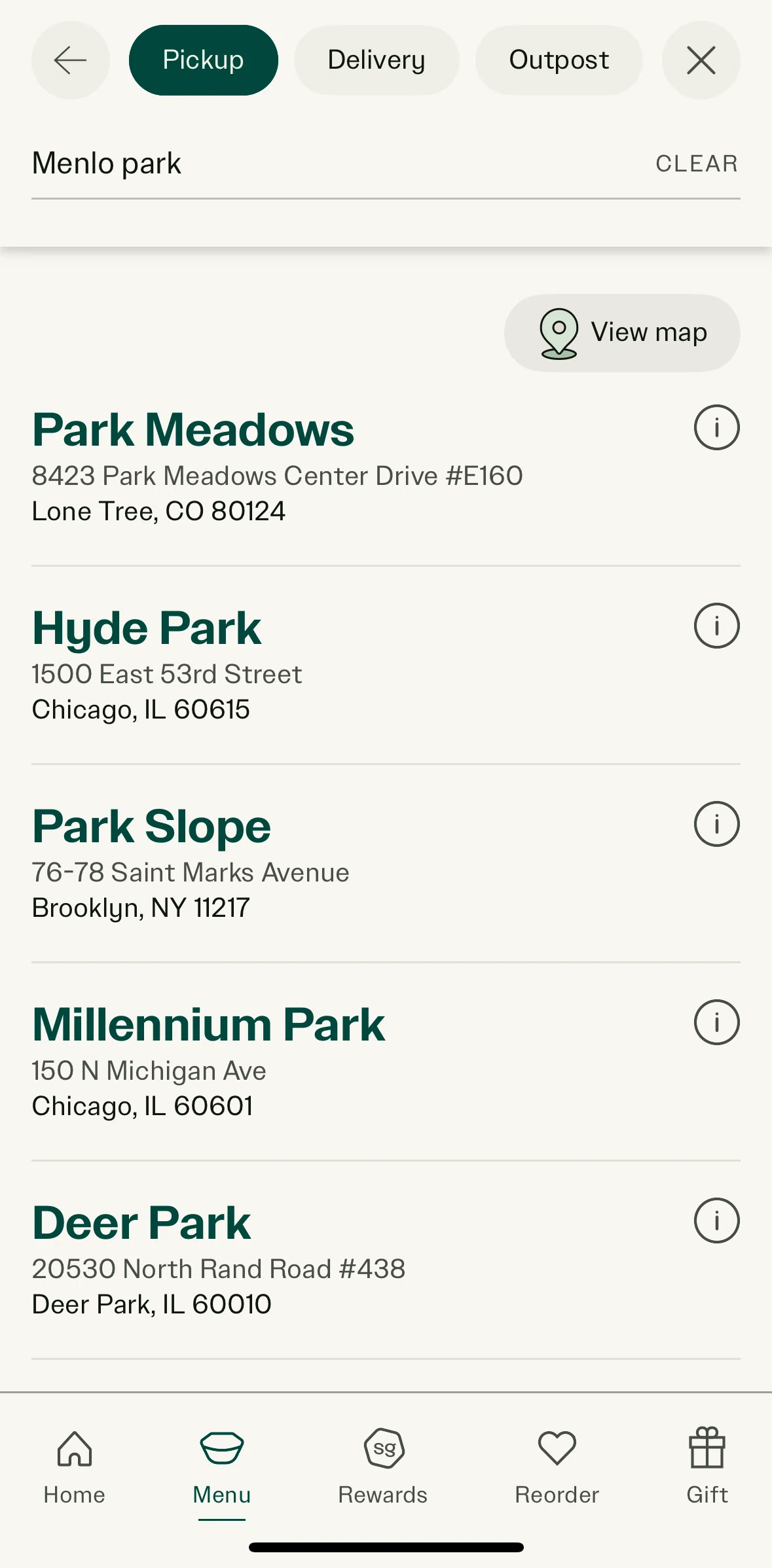 sweetgreen Screen screen in the Switching to map view flow