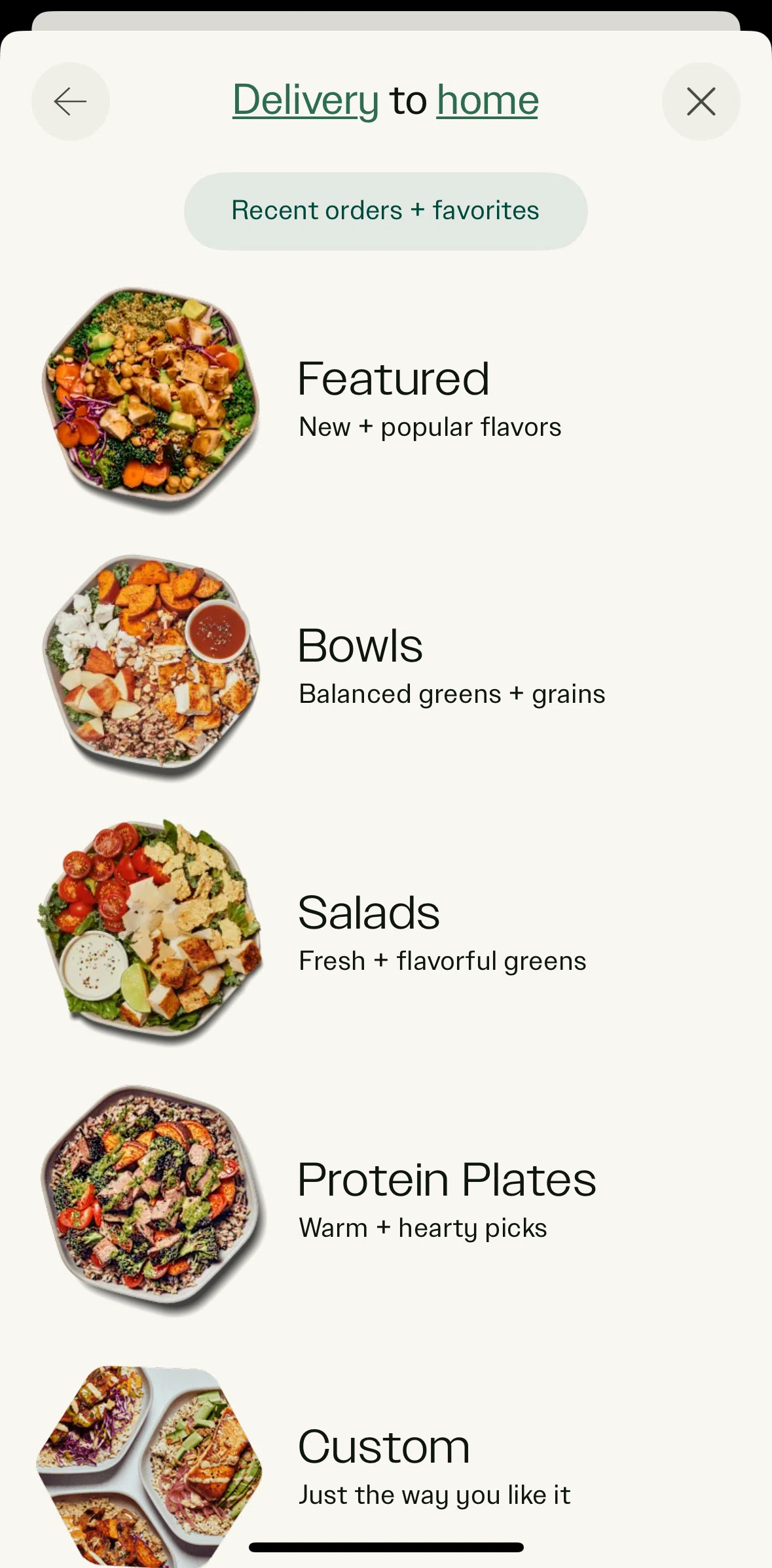 sweetgreen Screen screen in the View menu flow