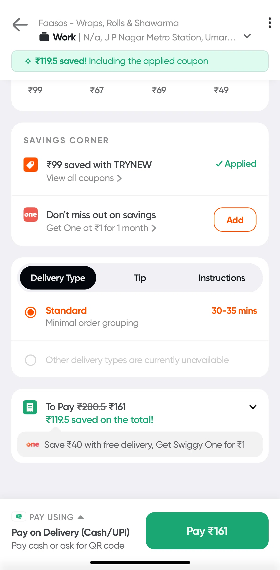 Swiggy Screen screen in the Adding an instruction flow