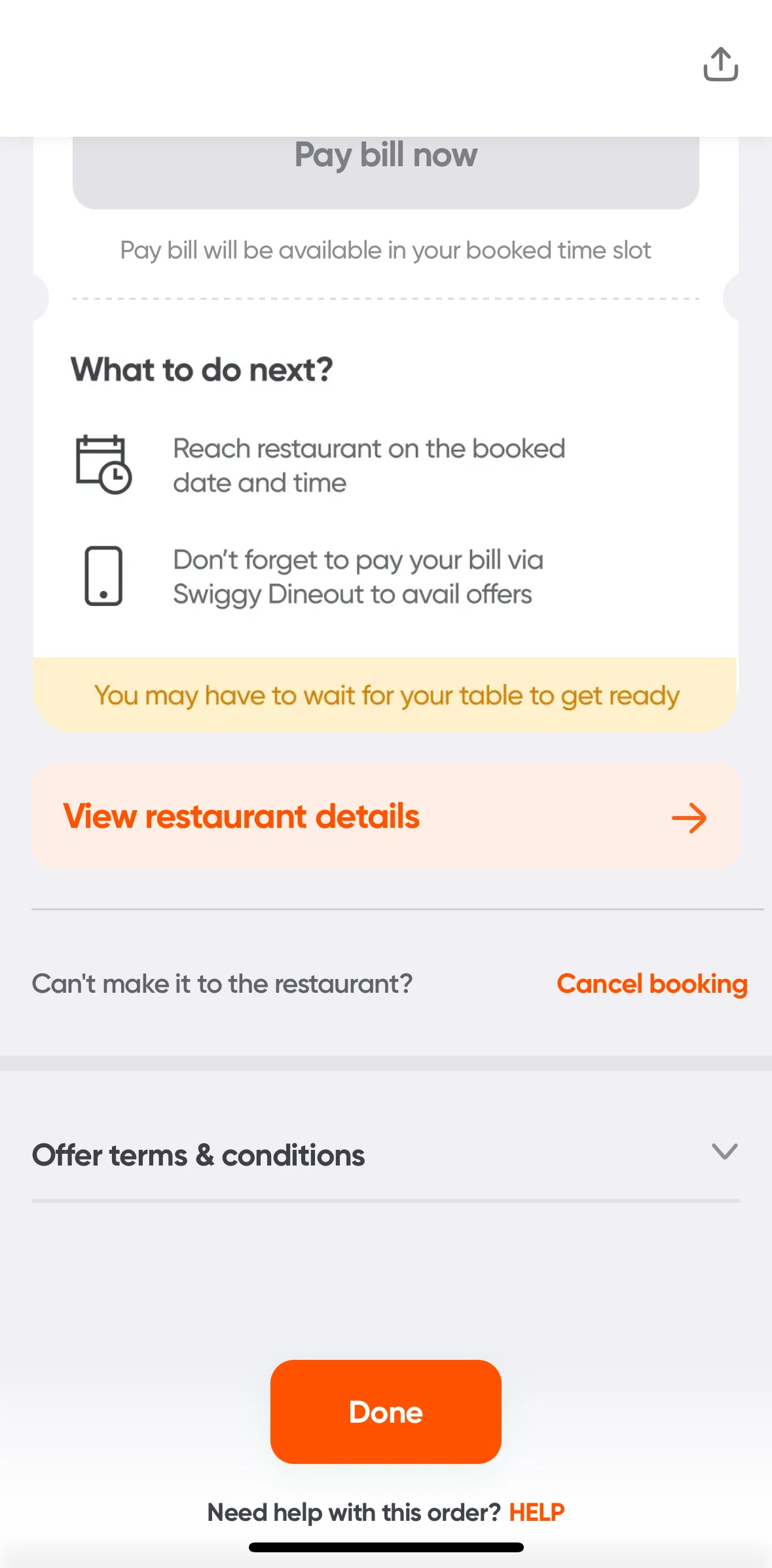 Swiggy Screen screen in the Canceling a booking flow