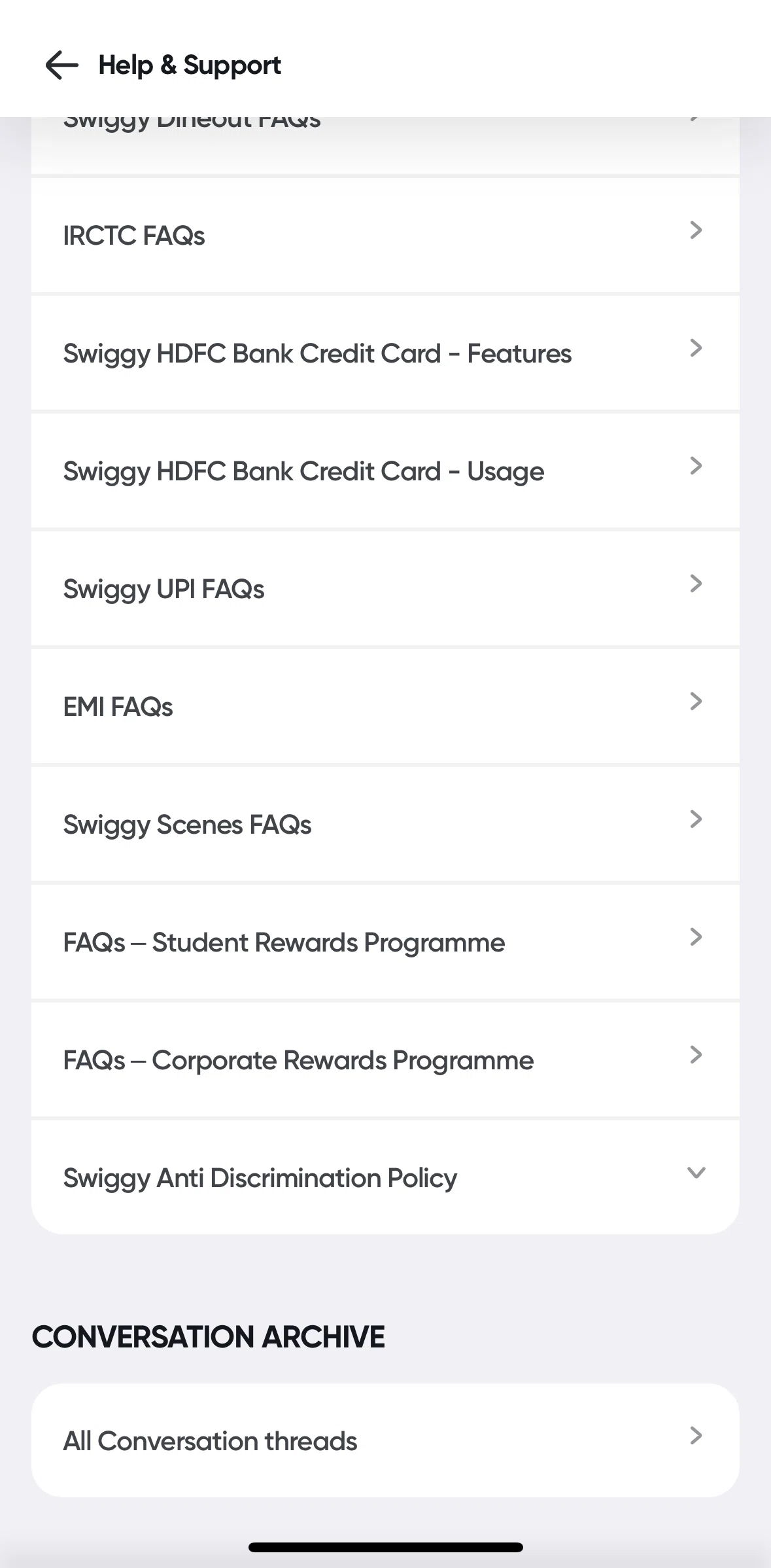 Swiggy Screen screen in the Conversation threads flow