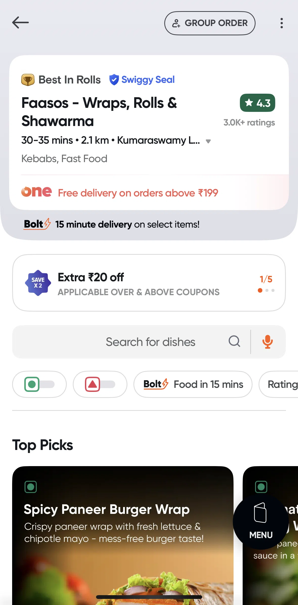Swiggy Screen screen in the Creating a group order flow