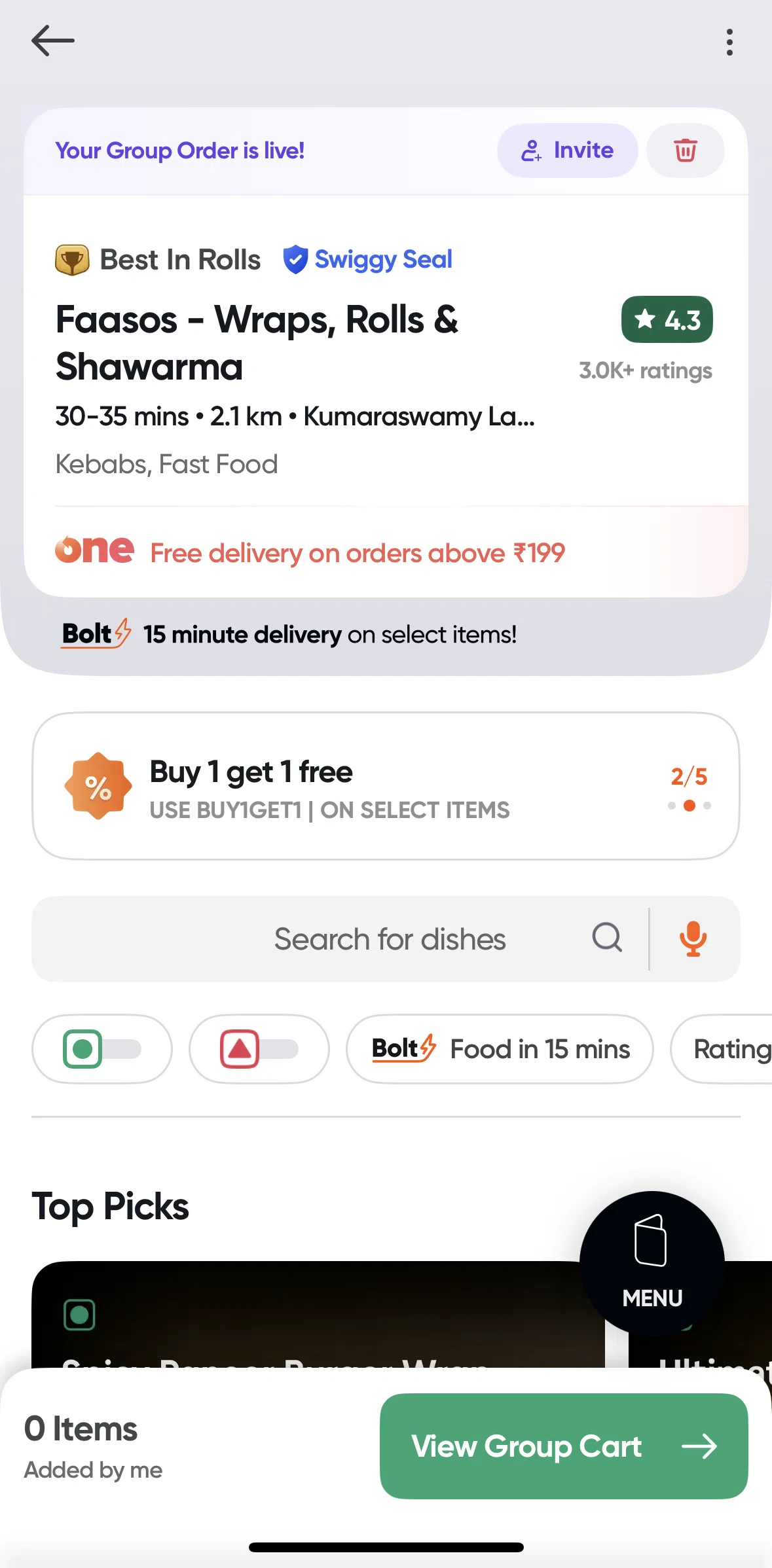 Swiggy Screen screen in the Deleting a group order flow