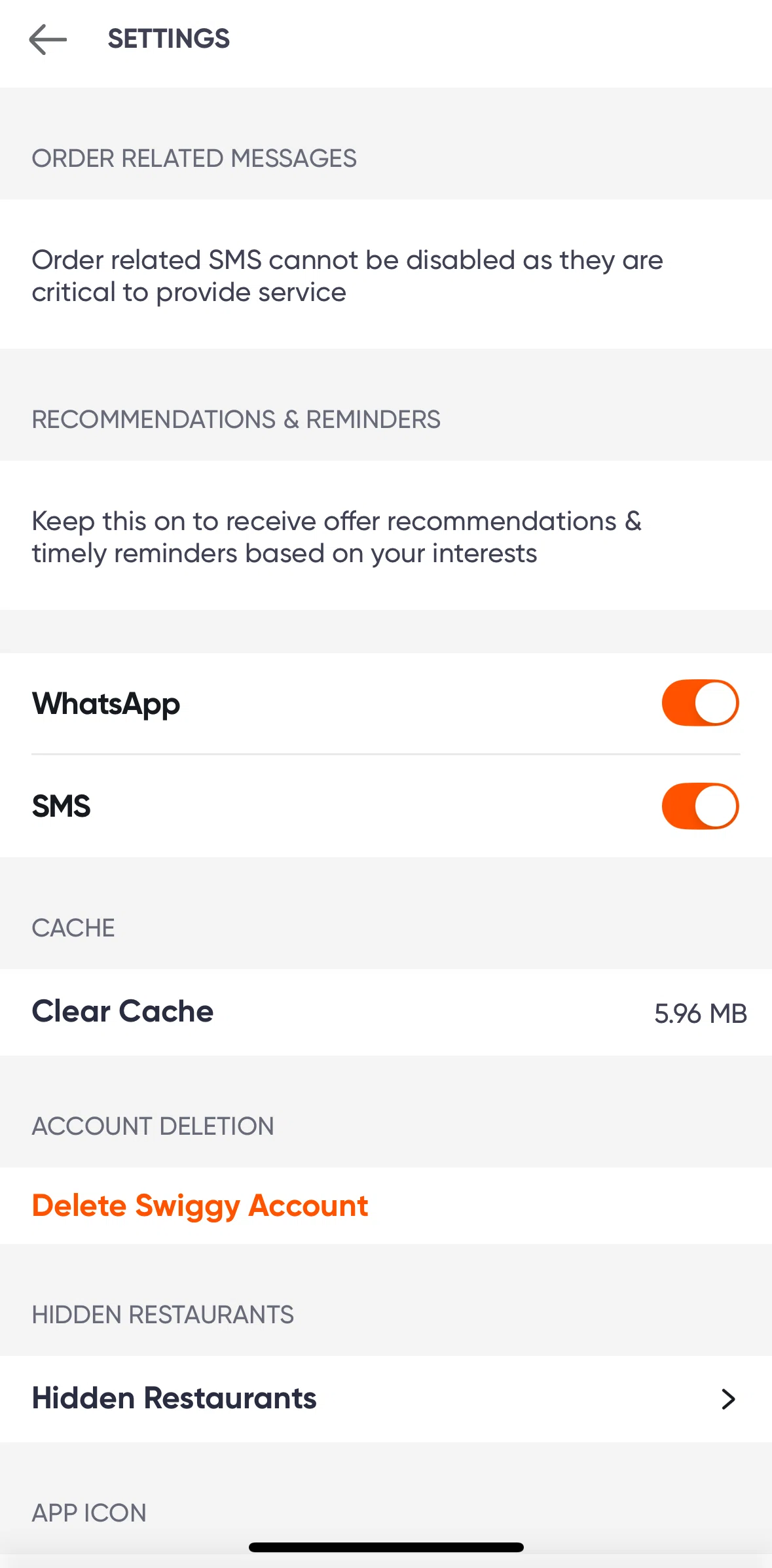 Swiggy Screen screen in the Deleting account flow