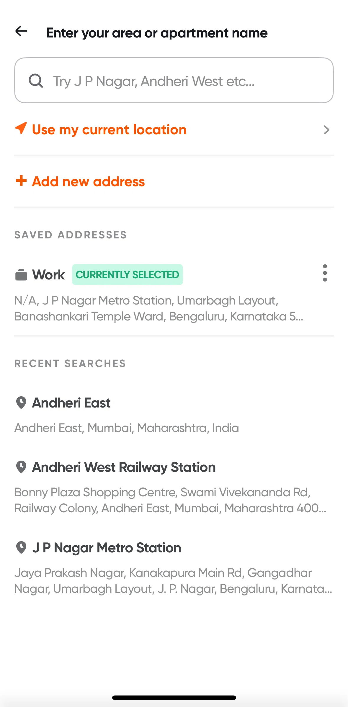 Swiggy Screen screen in the Deleting an address flow