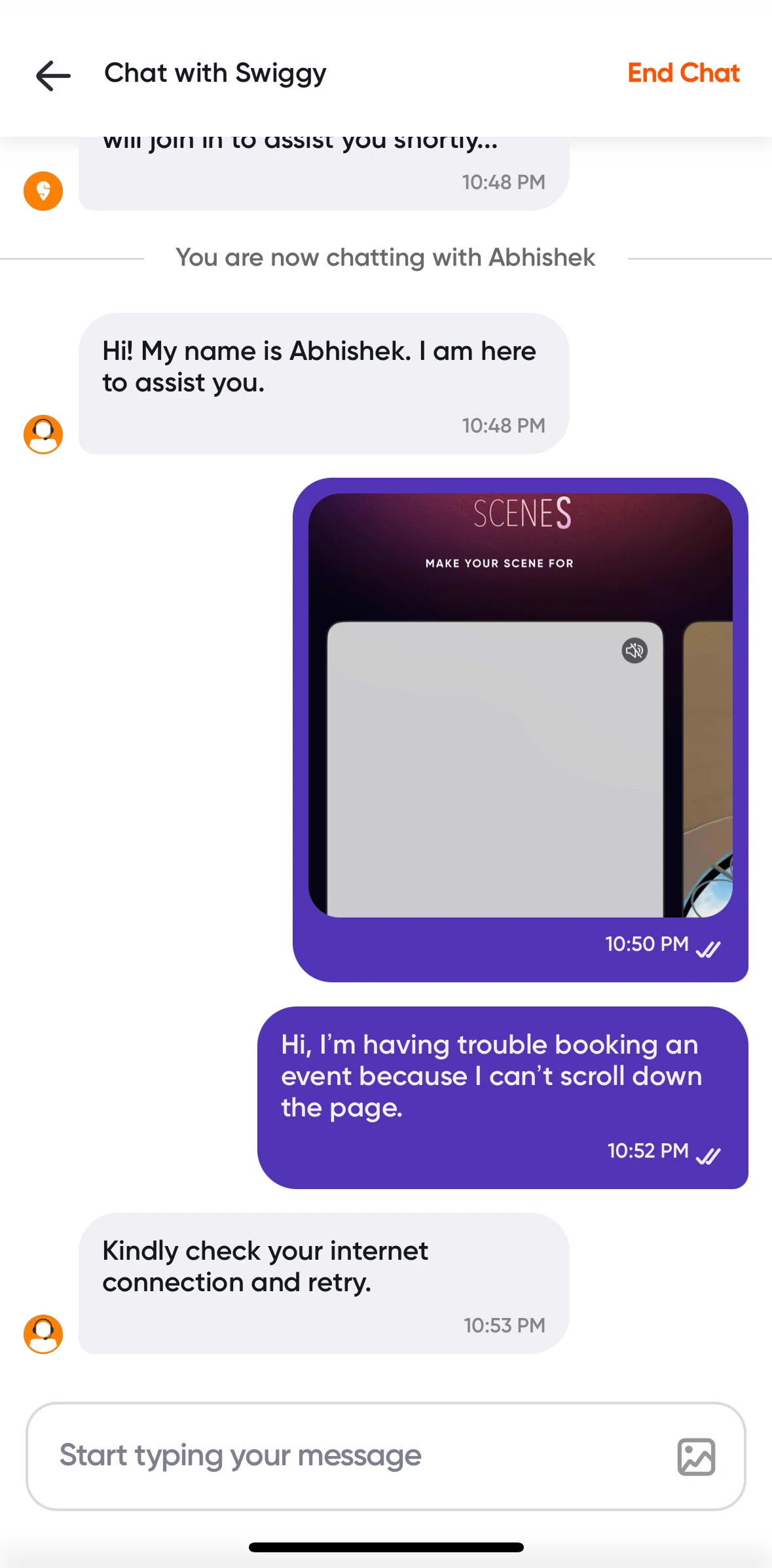 Swiggy Screen screen in the Ending a chat flow