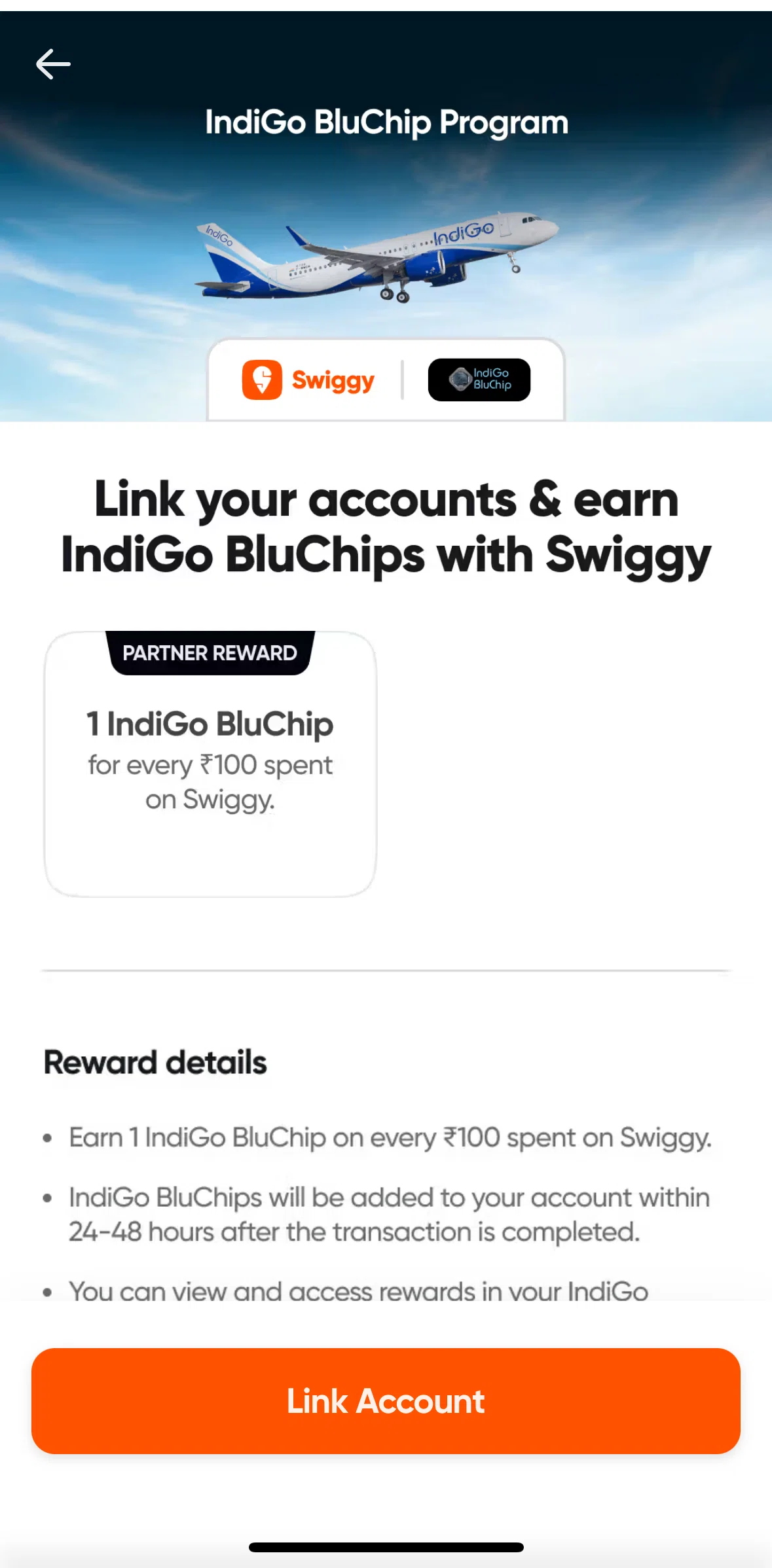 Swiggy Screen screen in the Link an account flow