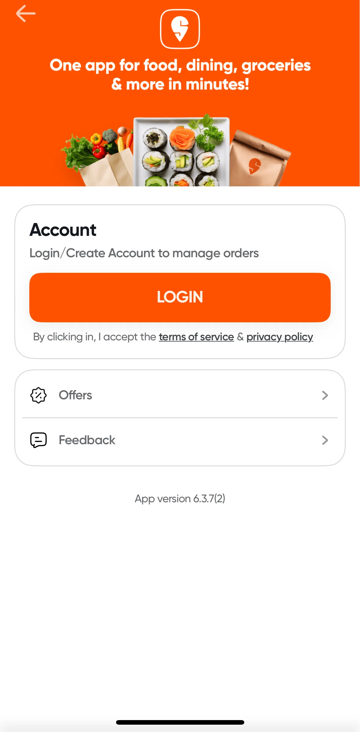 Swiggy Screen screen in the Logging in flow