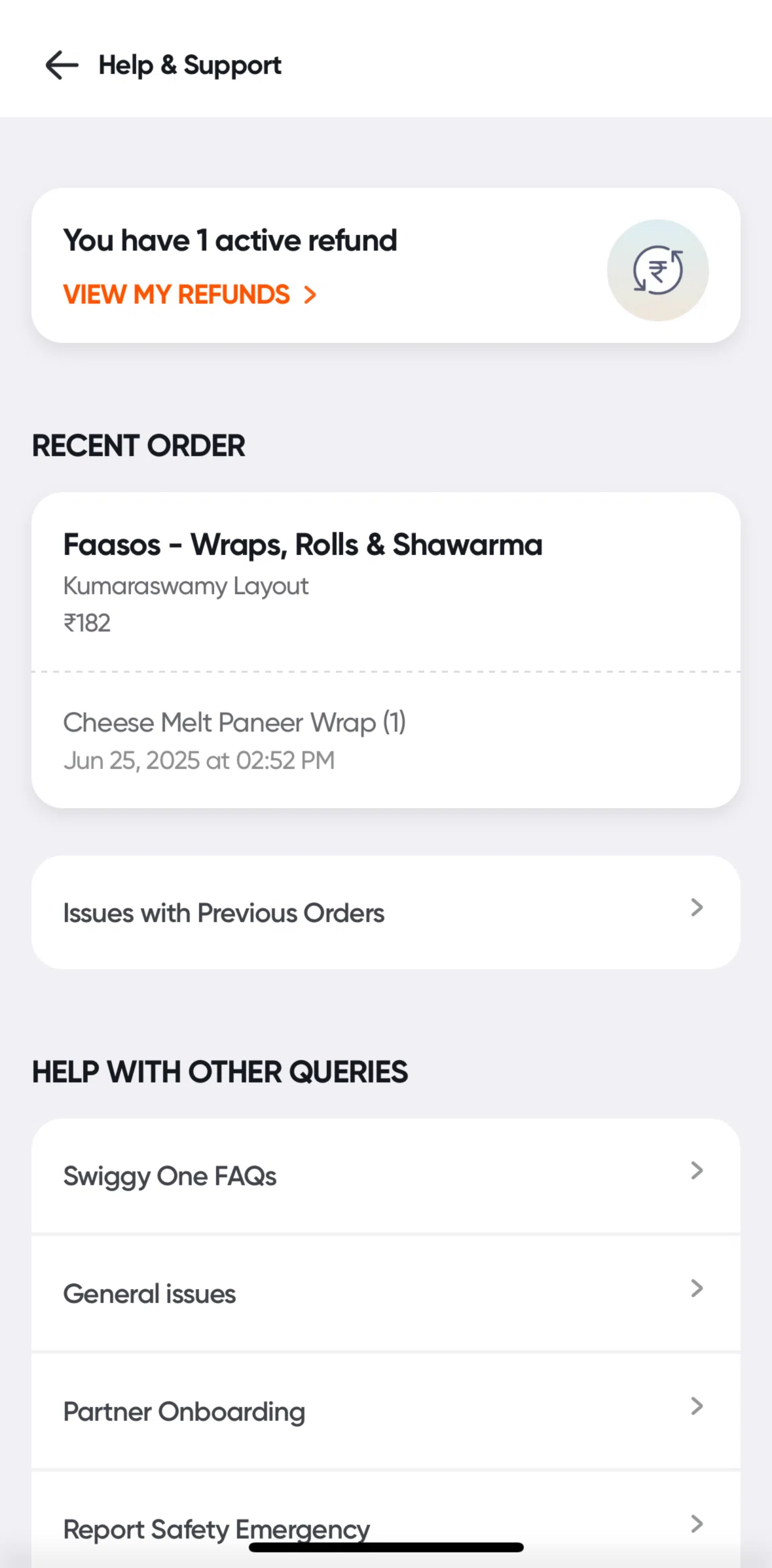 Swiggy Screen screen in the Past orders flow