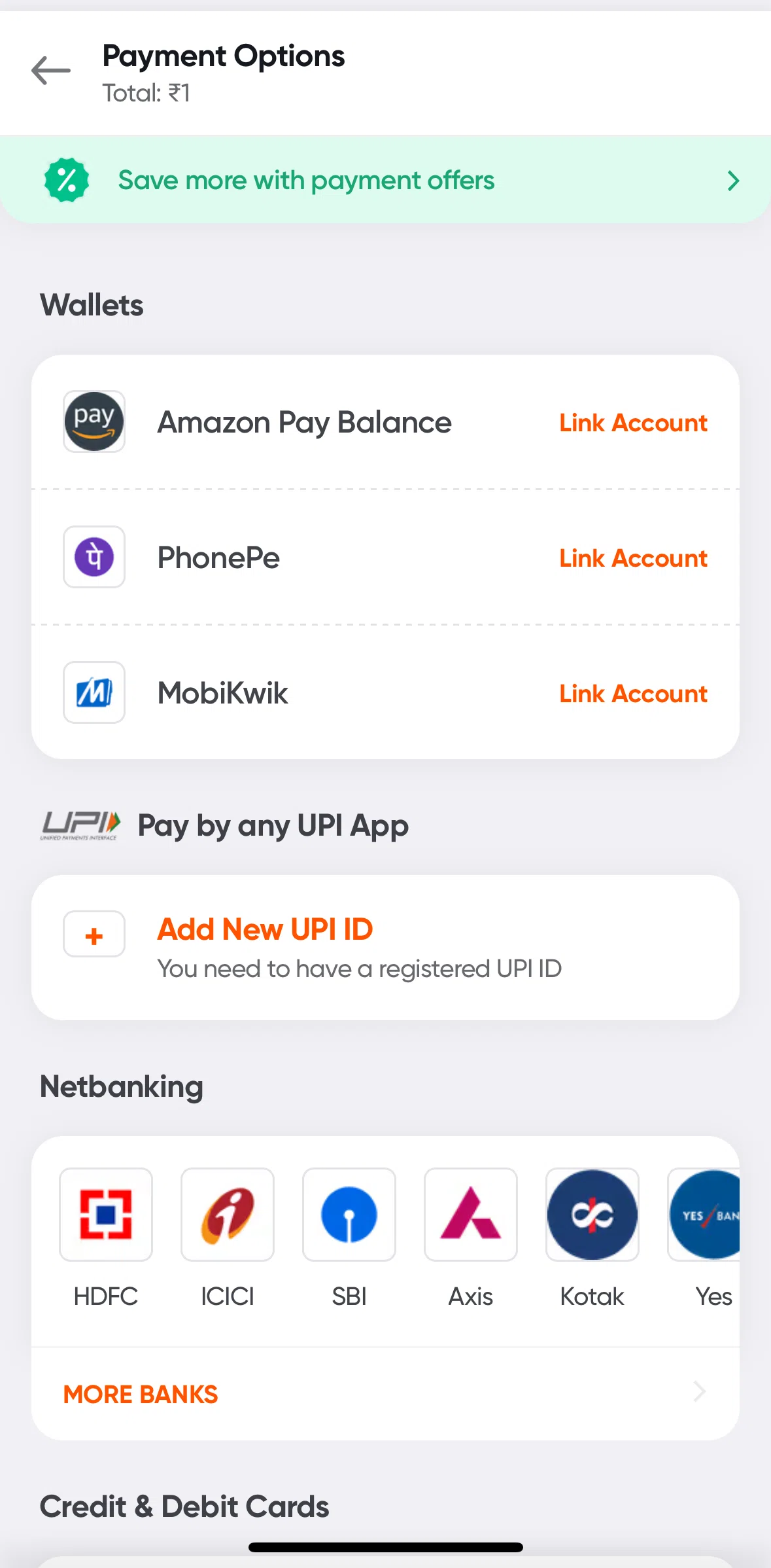 Swiggy Screen screen in the Payment offers flow