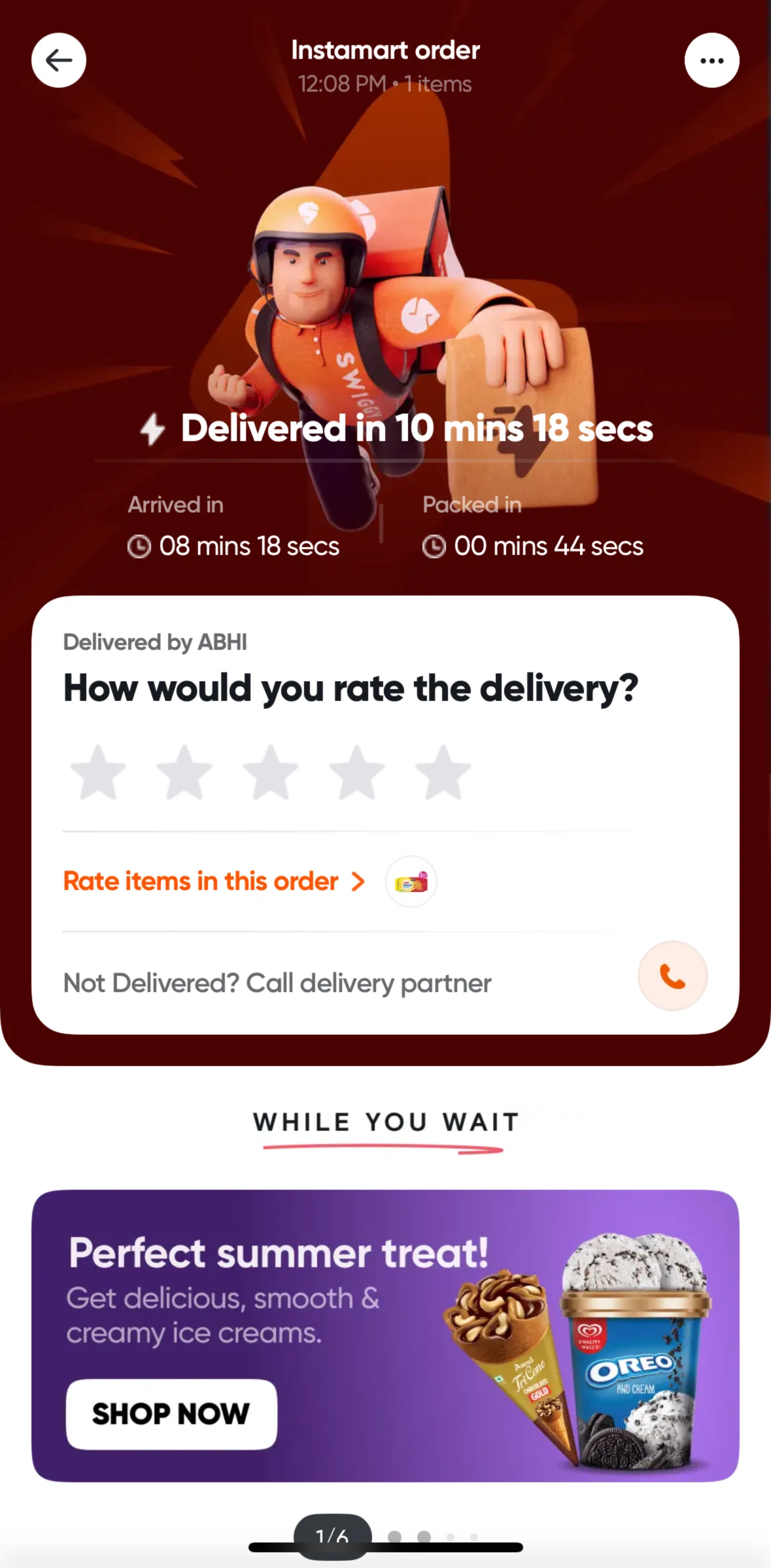 Swiggy Screen screen in the Rating an order (Instamart) flow