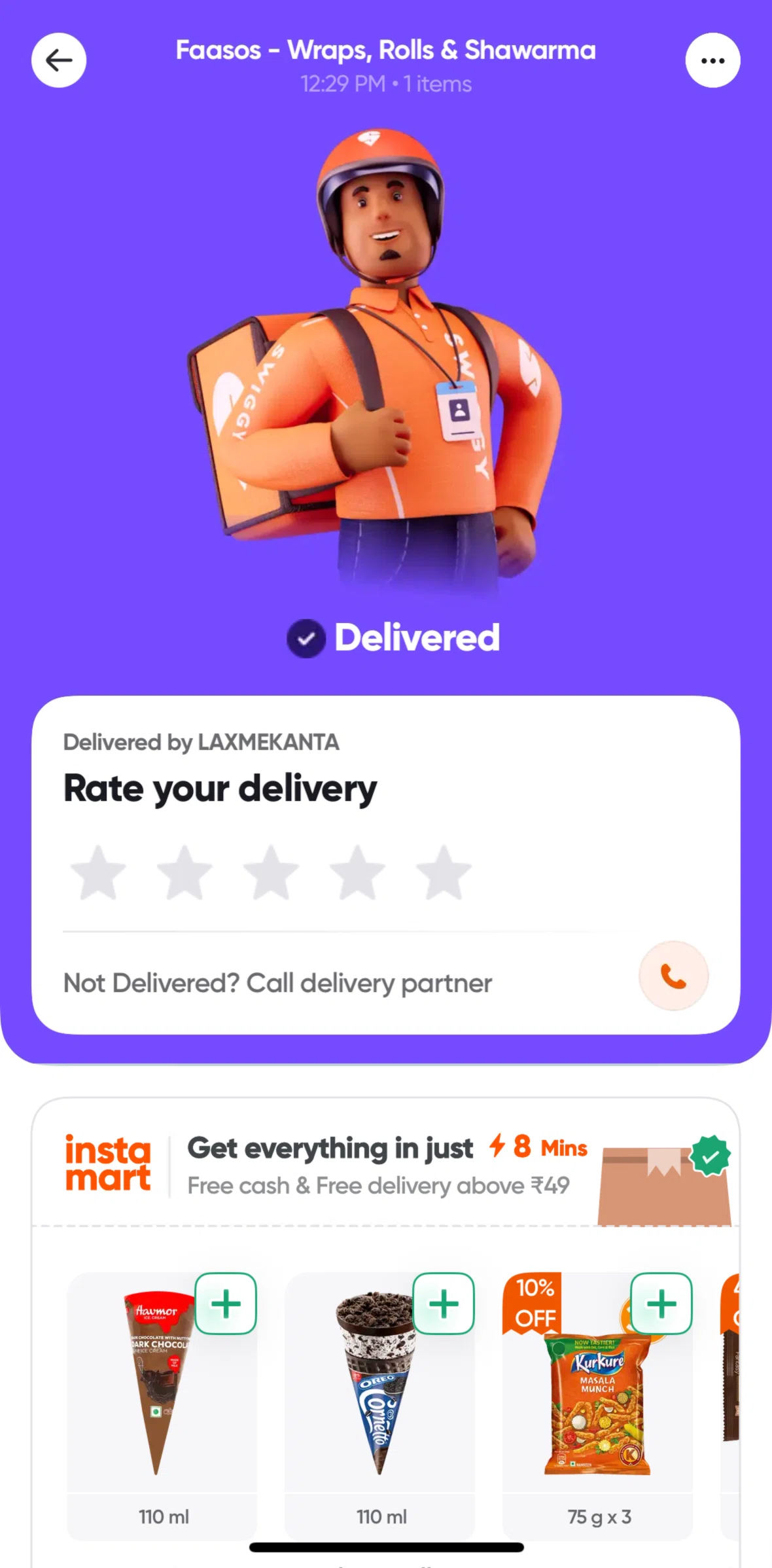 Swiggy Screen screen in the Rating an order flow