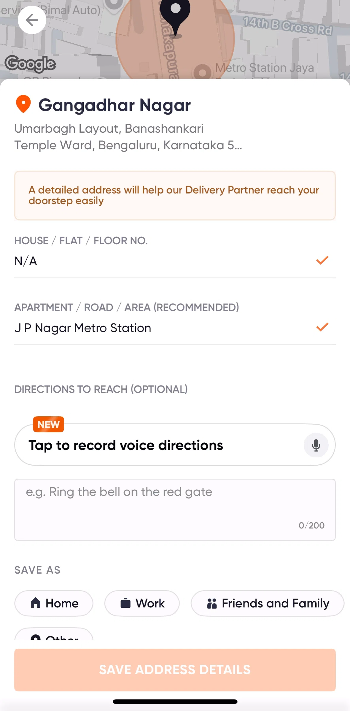 Swiggy Screen screen in the Recording voice directions flow