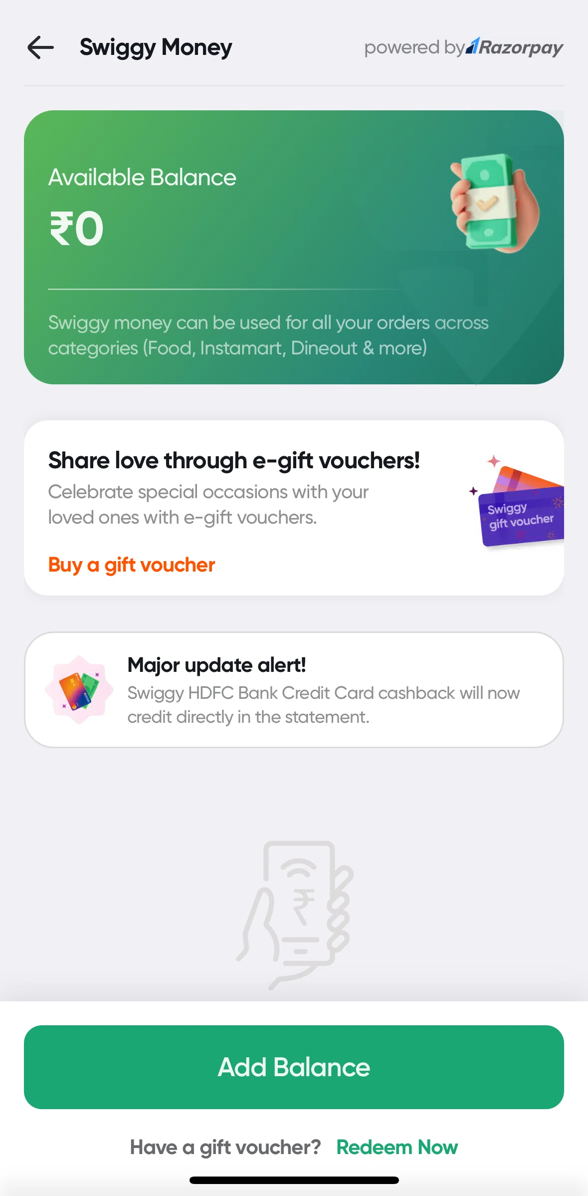 Swiggy Screen screen in the Redeeming a gift voucher flow