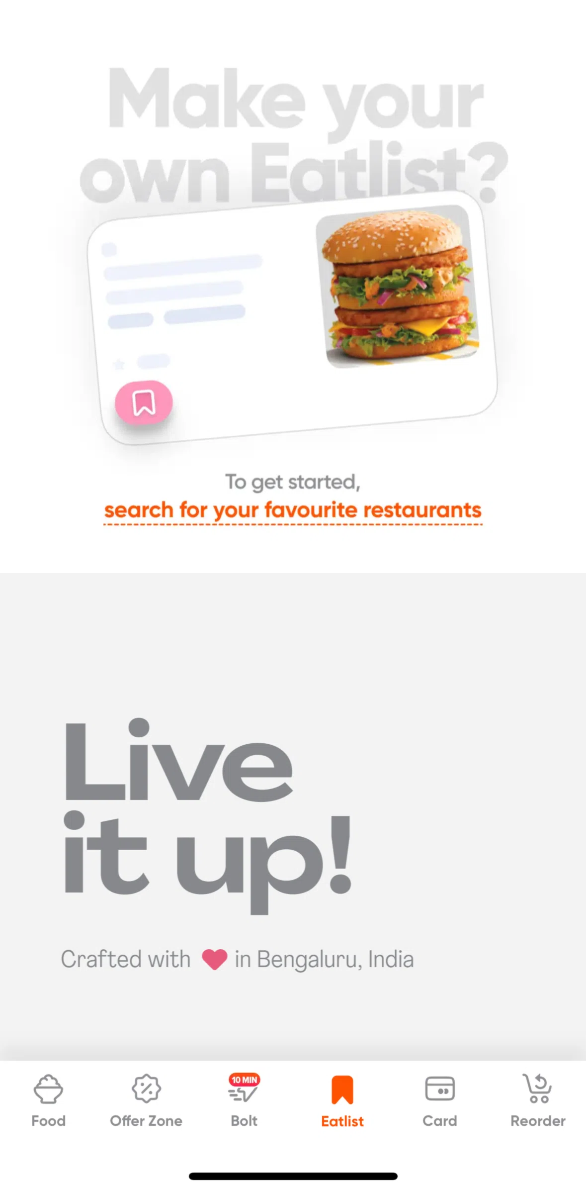 Swiggy Screen screen in the Searching Swiggy (Eatlist) flow