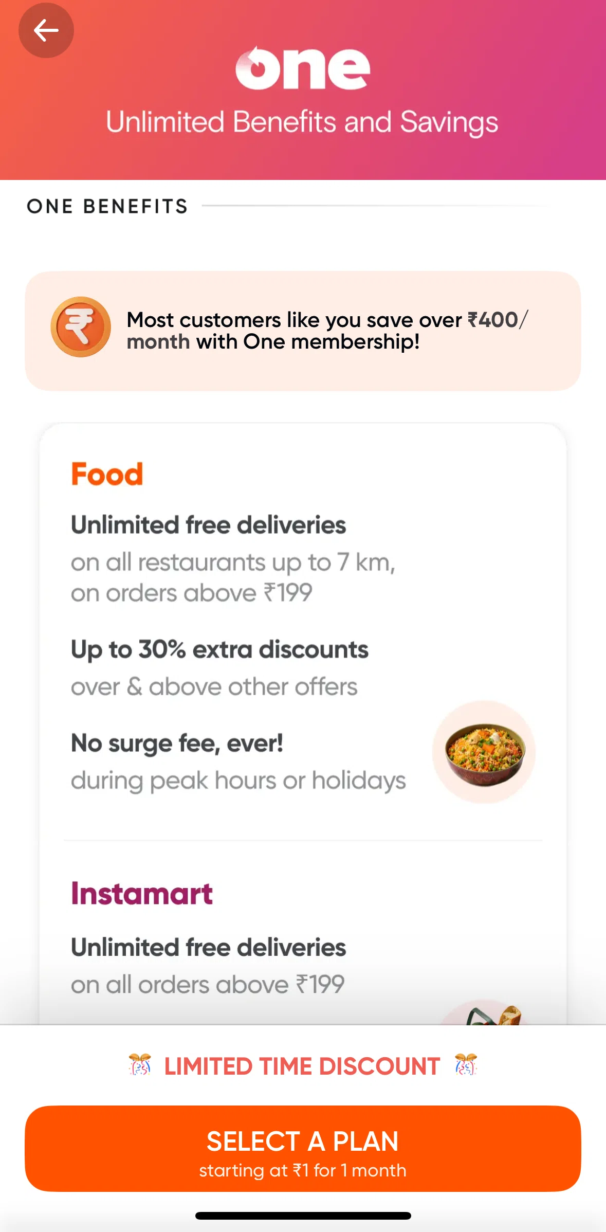 Swiggy Screen screen in the Subscribing to Swiggy One flow