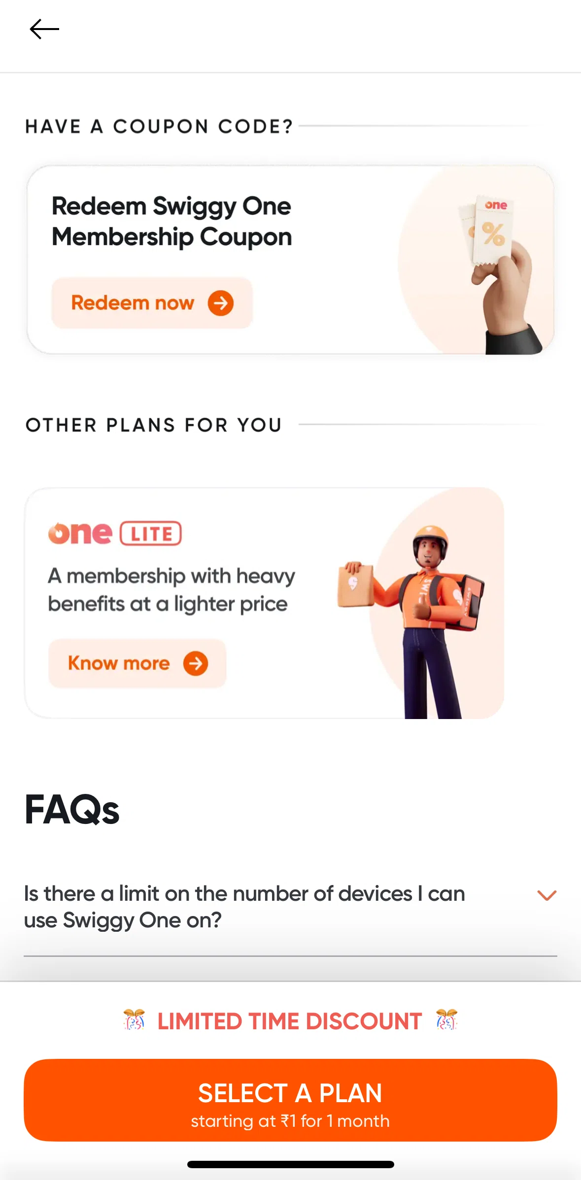 Swiggy Screen screen in the Swiggy One Lite membership flow