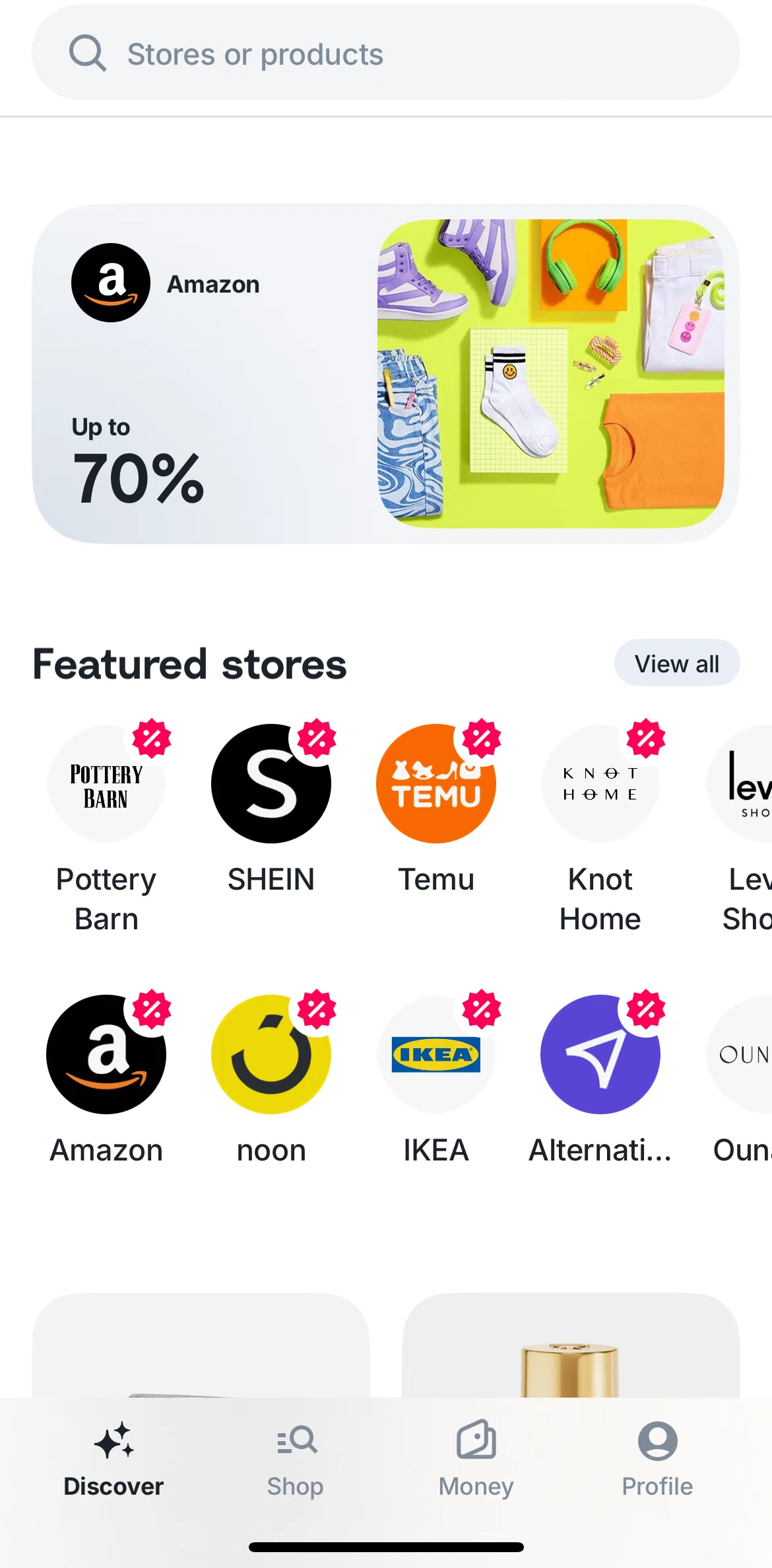 Tabby Screen screen in the Featured stores flow