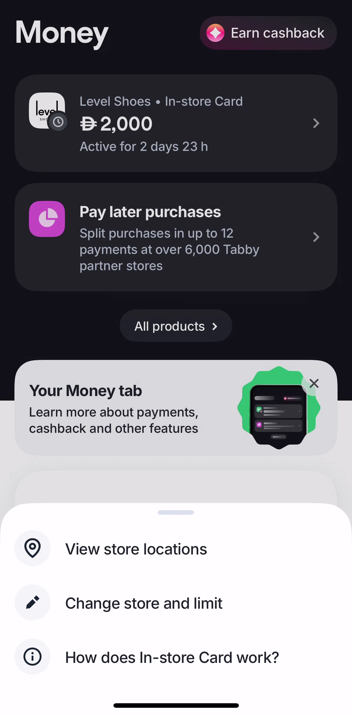 Tabby Screen screen in the How in-store card works flow