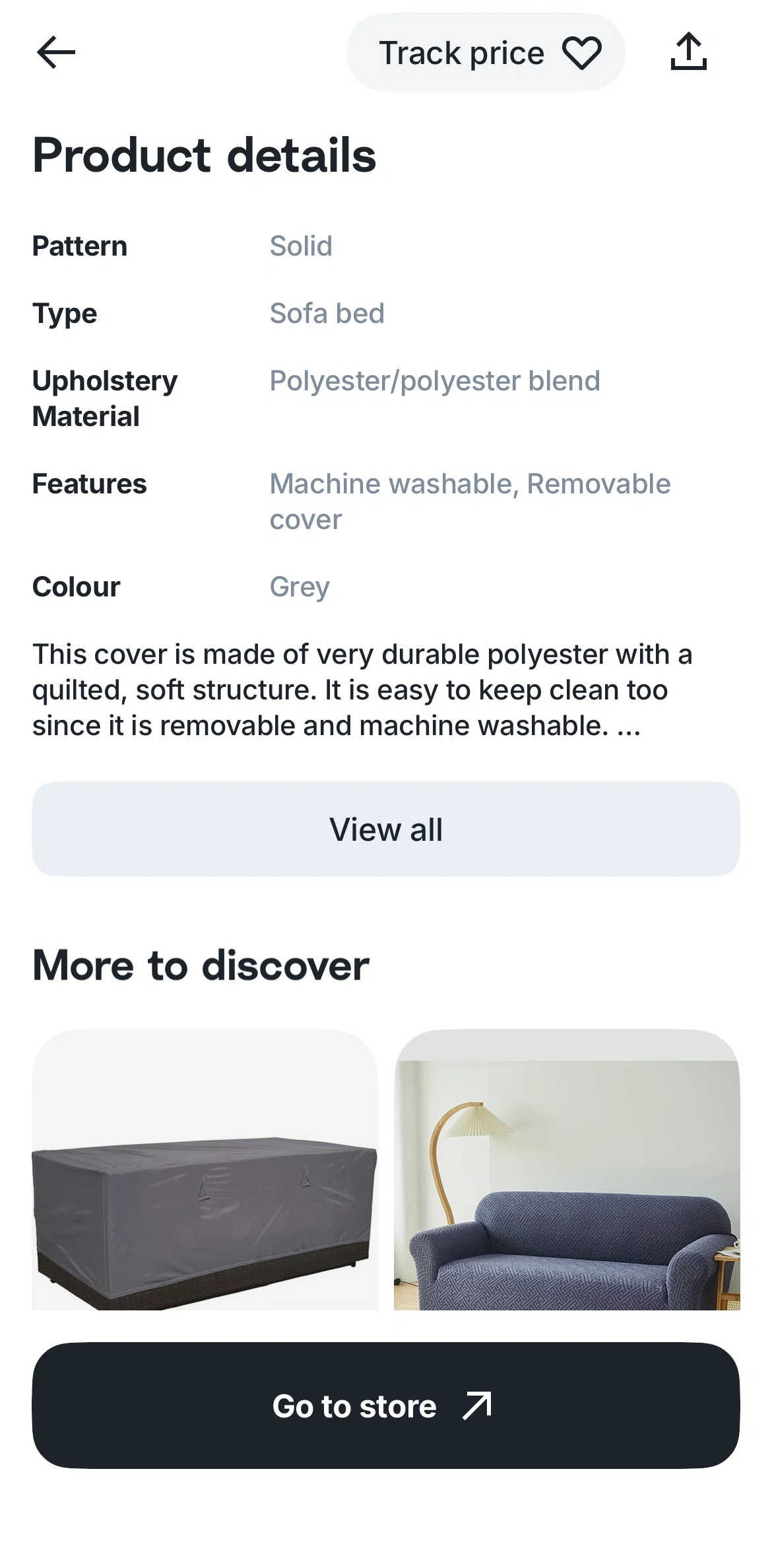 Tabby Screen screen in the Product information flow