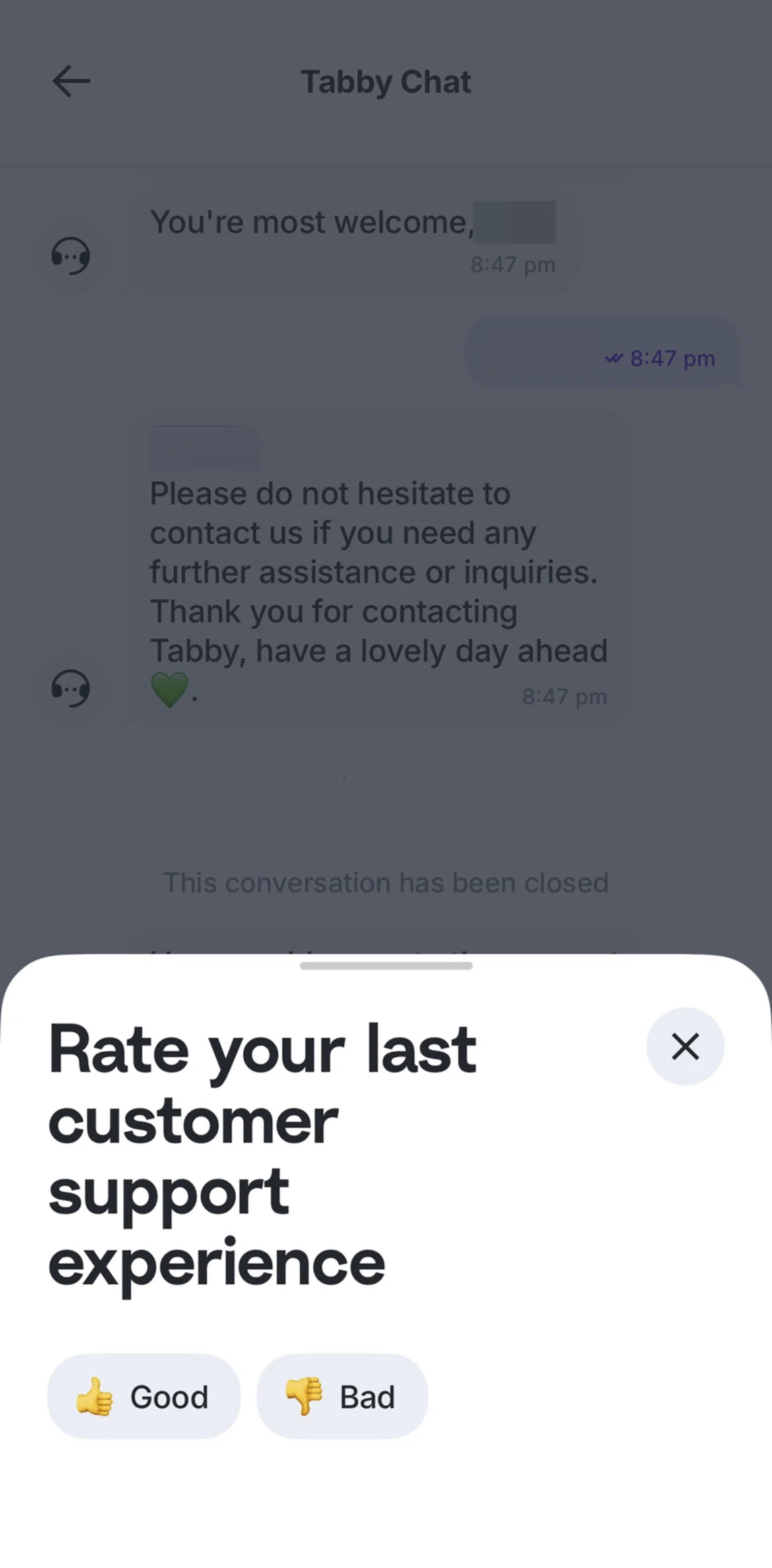 Tabby Screen screen in the Rating a customer support experience flow