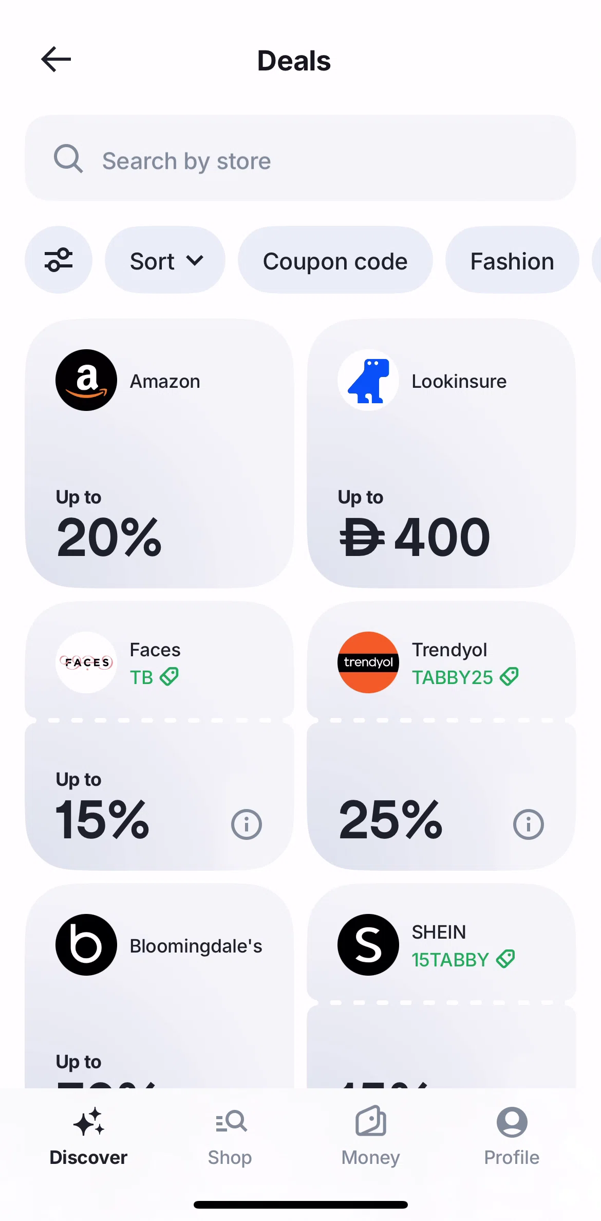 Tabby Screen screen in the Searching deals flow