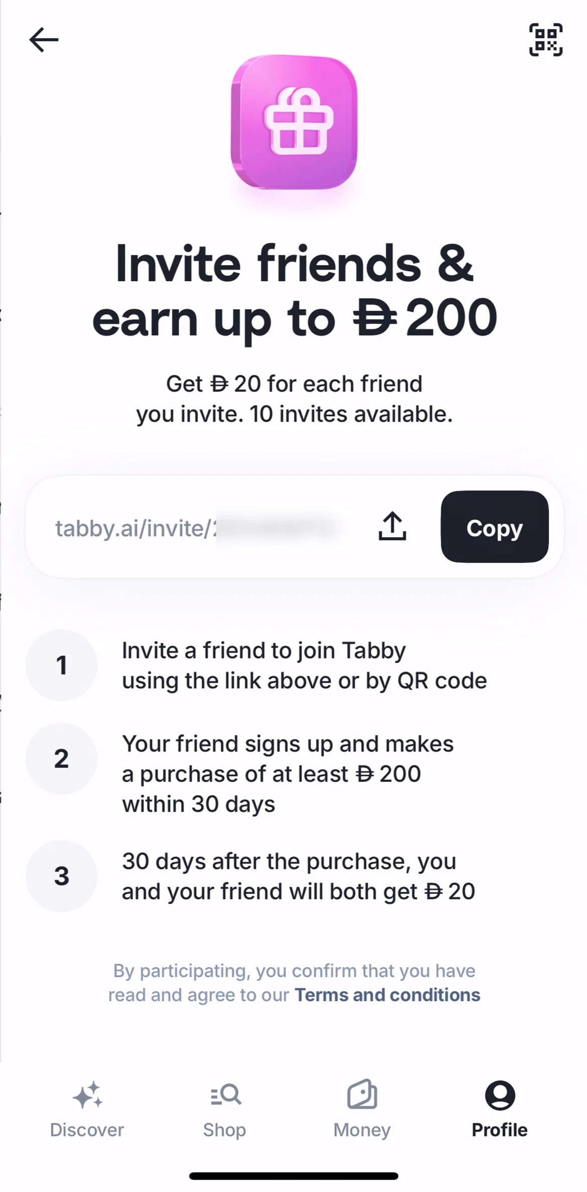 Tabby Screen screen in the Share a referral QR code flow