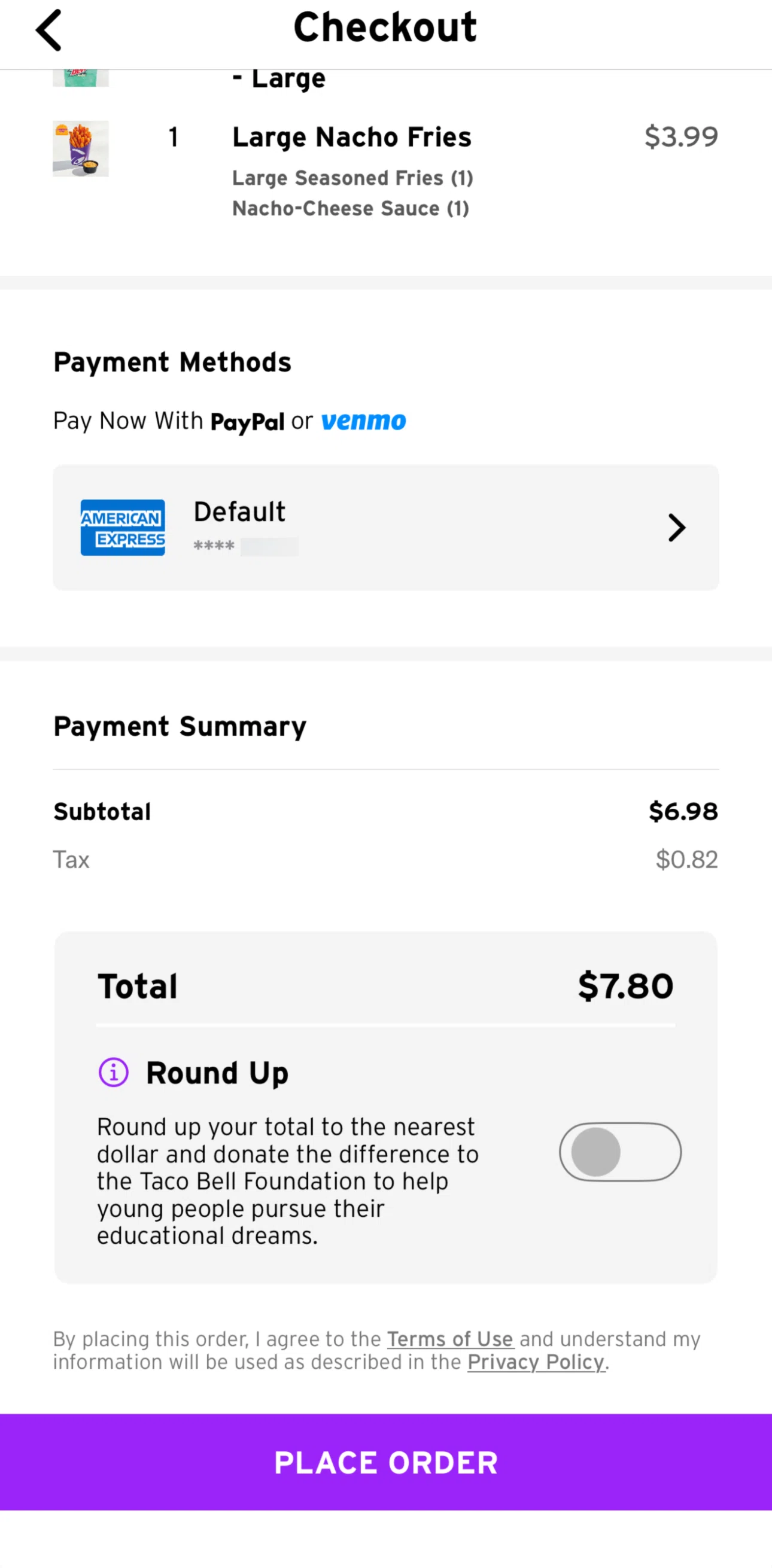 Taco Bell Screen screen in the Adding a card flow