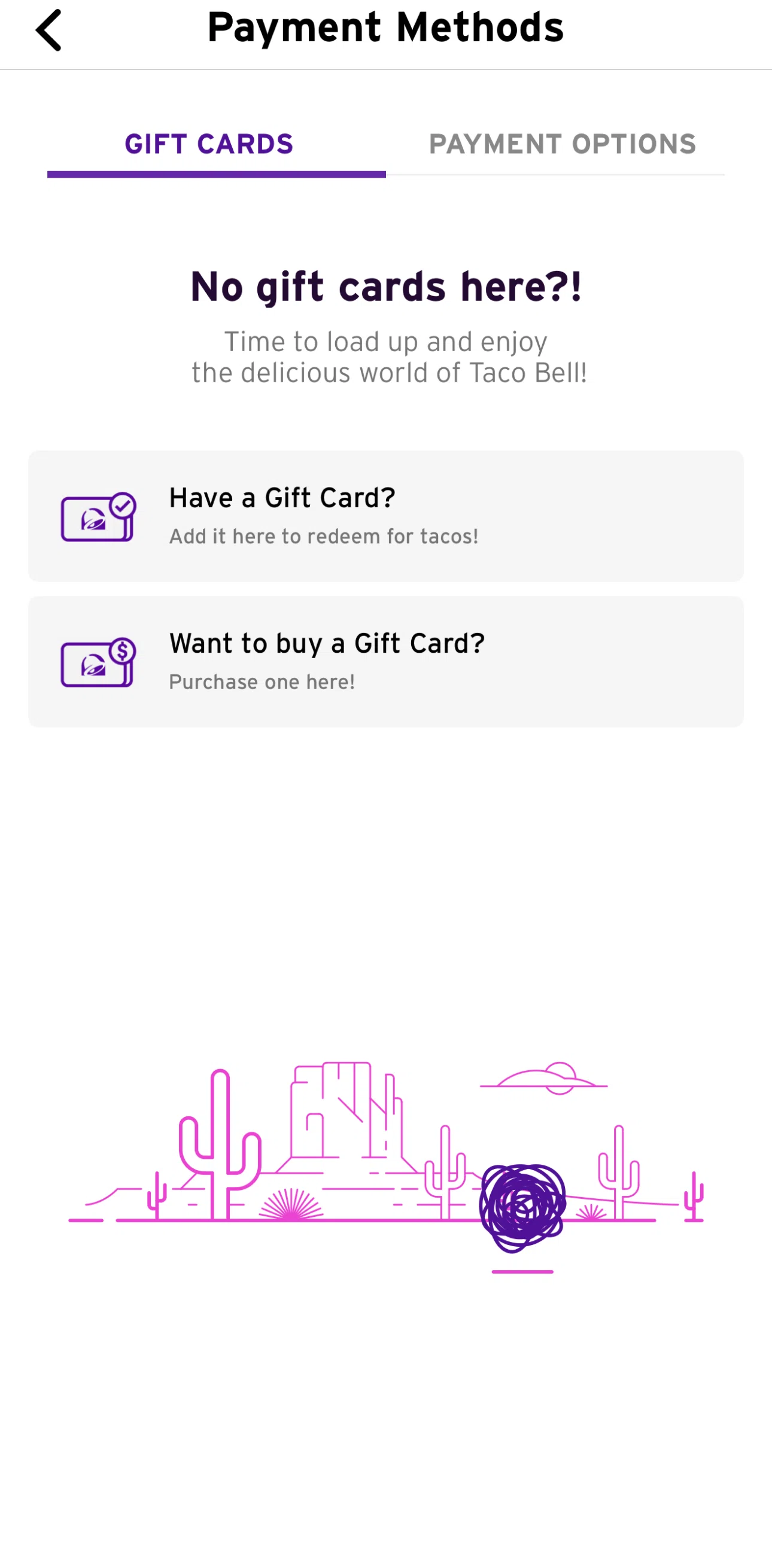 Taco Bell Screen screen in the Adding a gift card flow